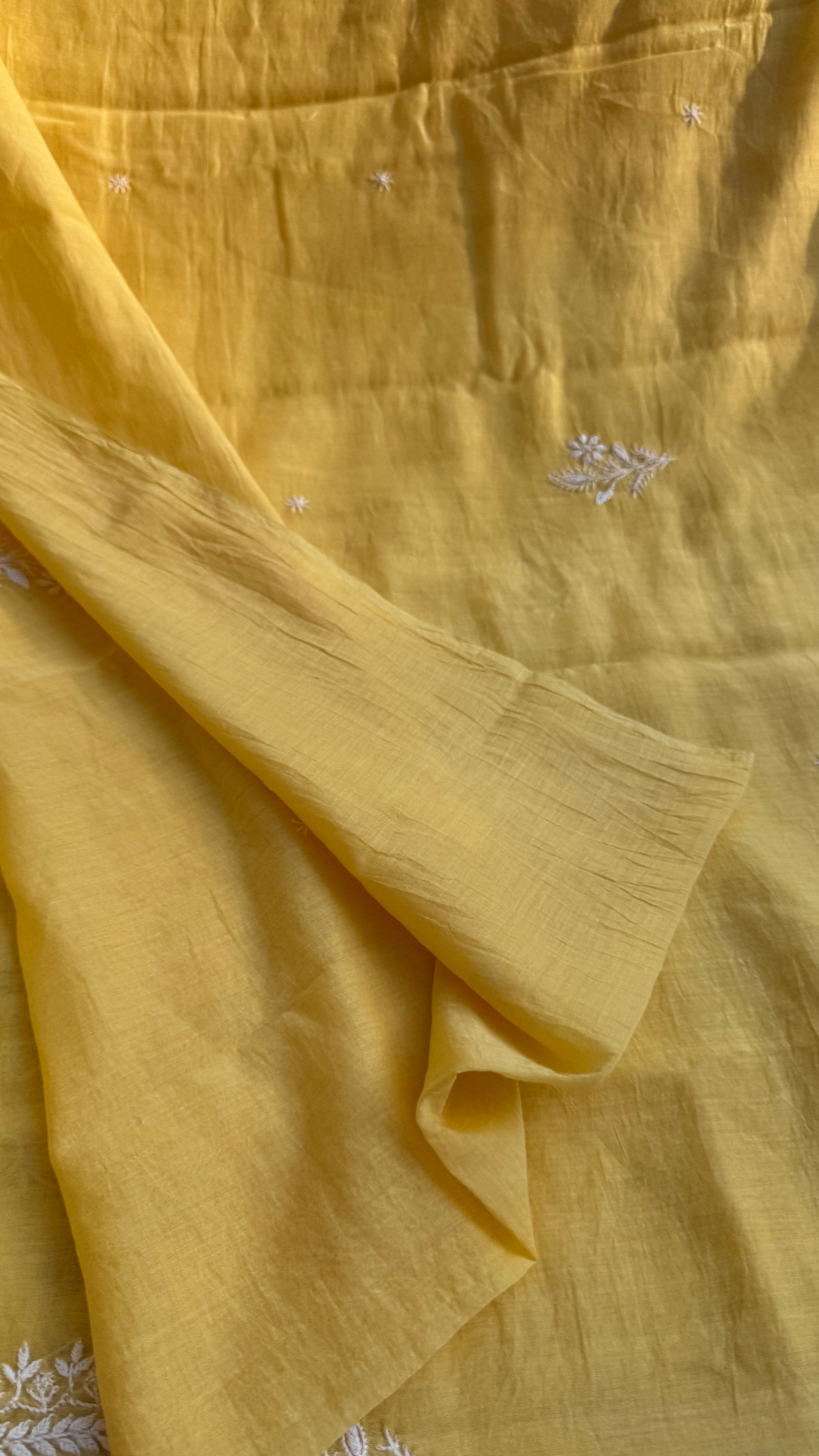 Pure Mul Chanderi Chikankari saree in Yellow