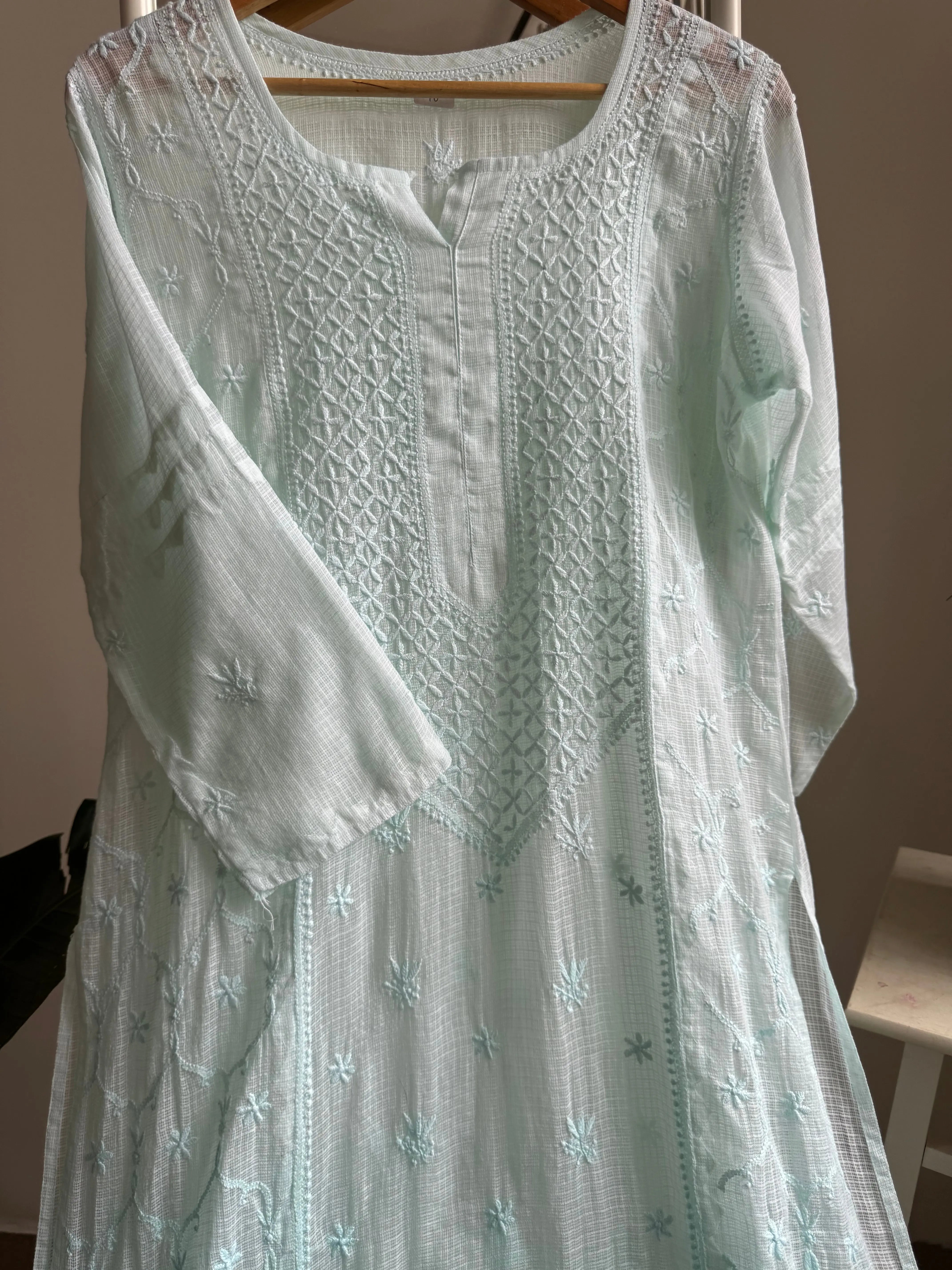 Kota Soft Cotton Chikankari Kurti - Cyan Green ARIAA CHIKANKARI 