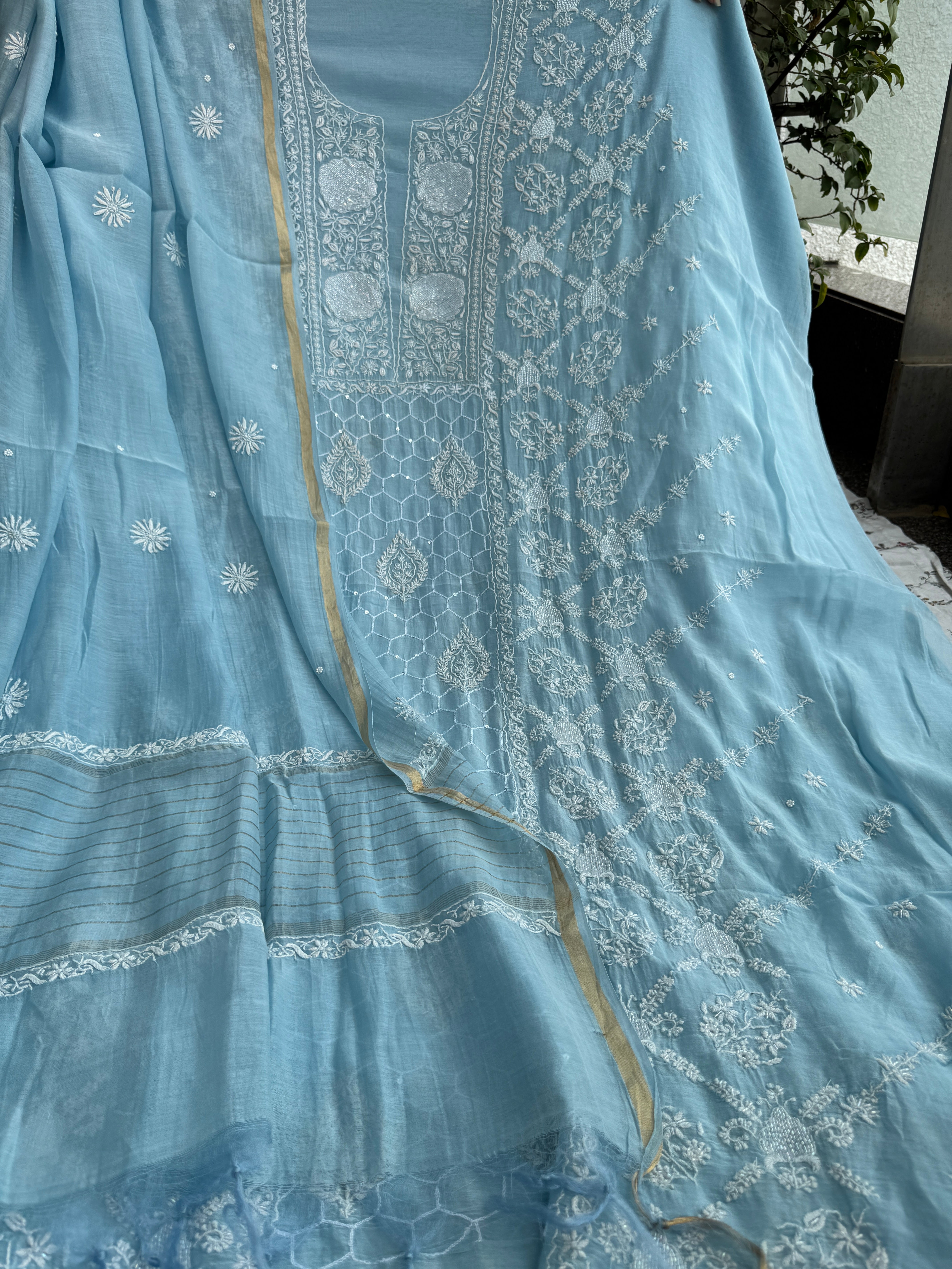 Mul Chanderi Chikankari - Heavy Unstitched Set - Baby Blue ARIAA CHIKANKARI 
