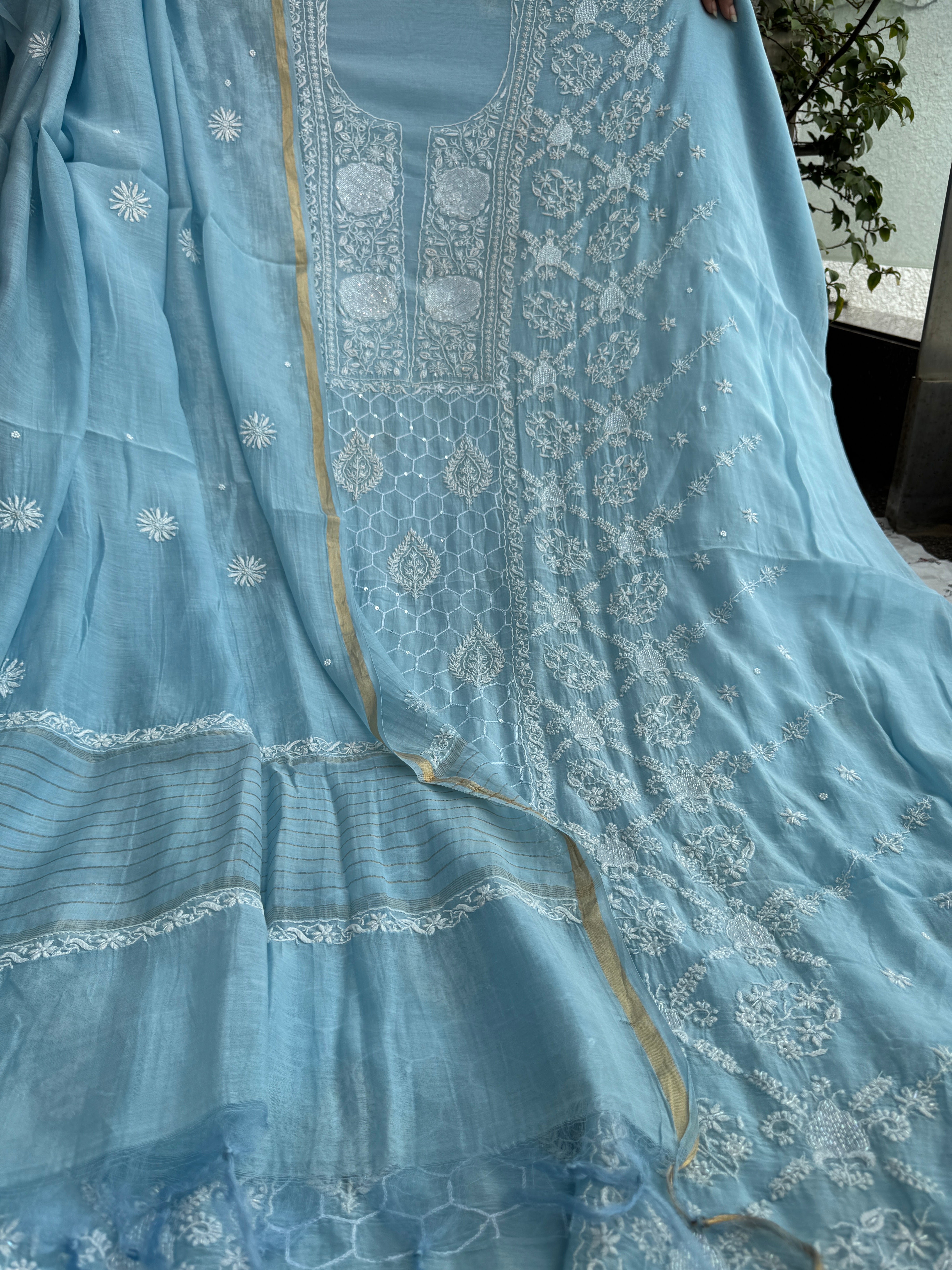 Mul Chanderi Chikankari - Heavy Unstitched Set - Baby Blue ARIAA CHIKANKARI 
