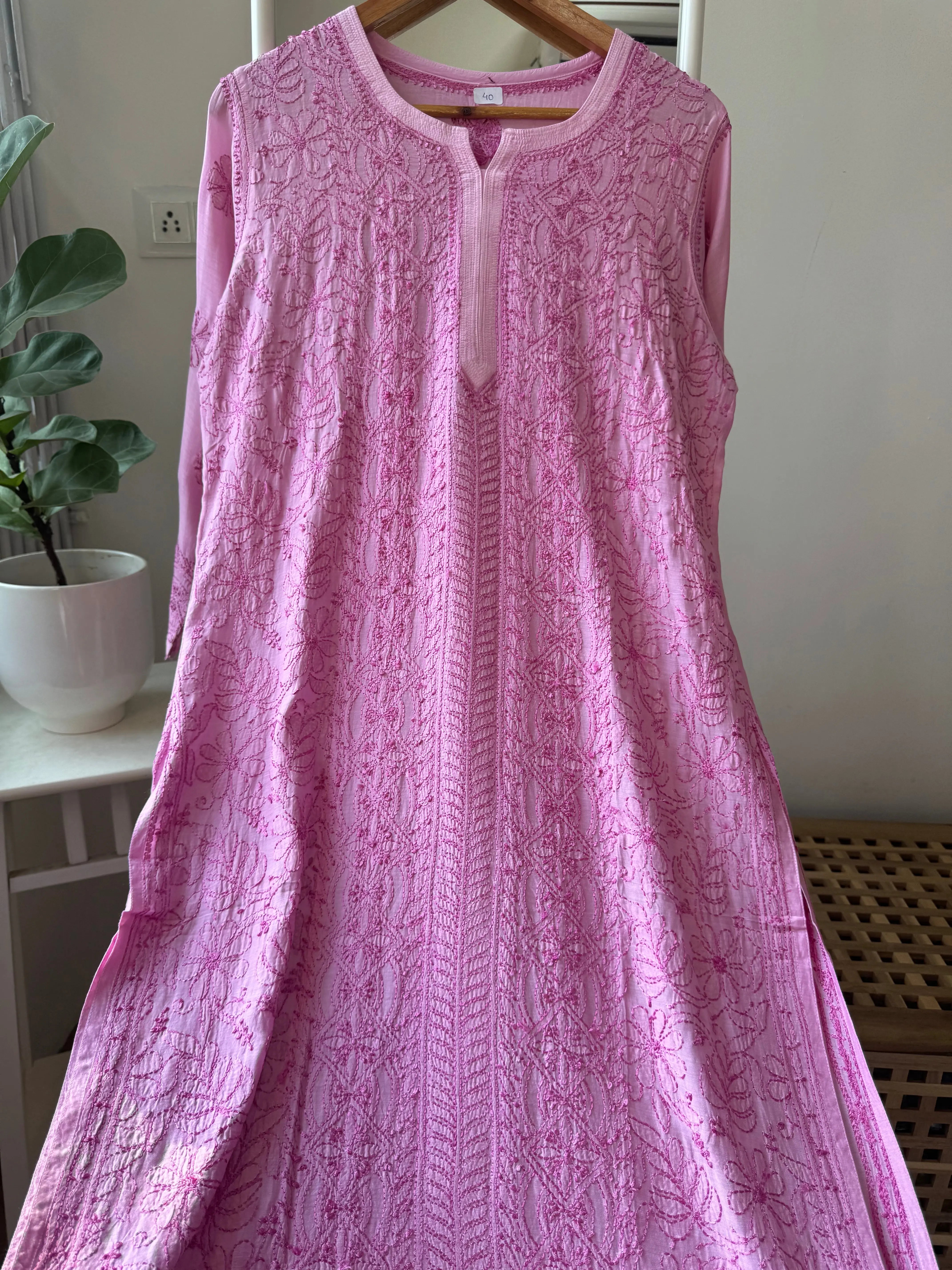 Muslin Chikankari Kurti - Pink ARIAA CHIKANKARI 