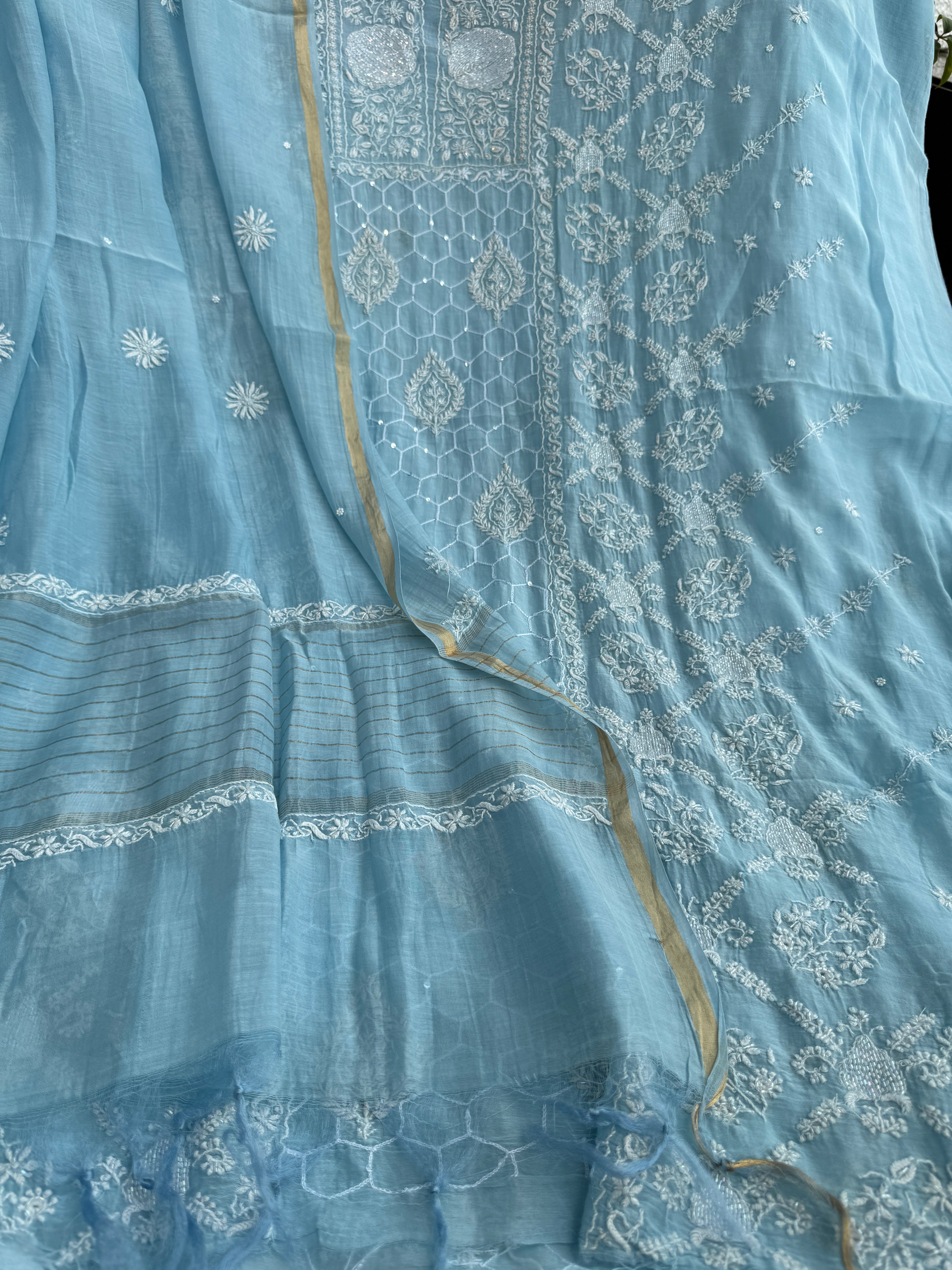 Mul Chanderi Chikankari - Heavy Unstitched Set - Baby Blue ARIAA CHIKANKARI 