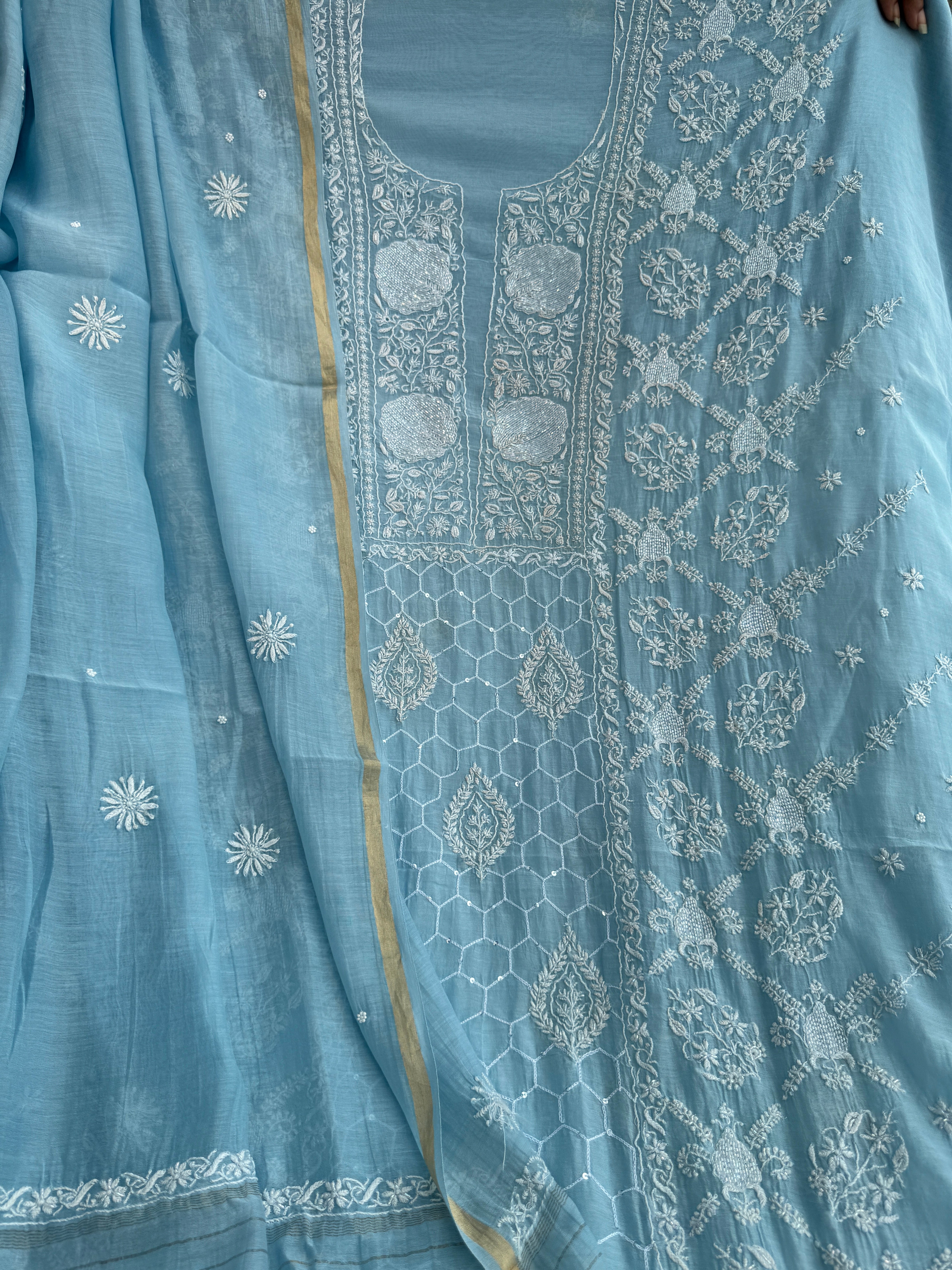 Mul Chanderi Chikankari - Heavy Unstitched Set - Baby Blue ARIAA CHIKANKARI 