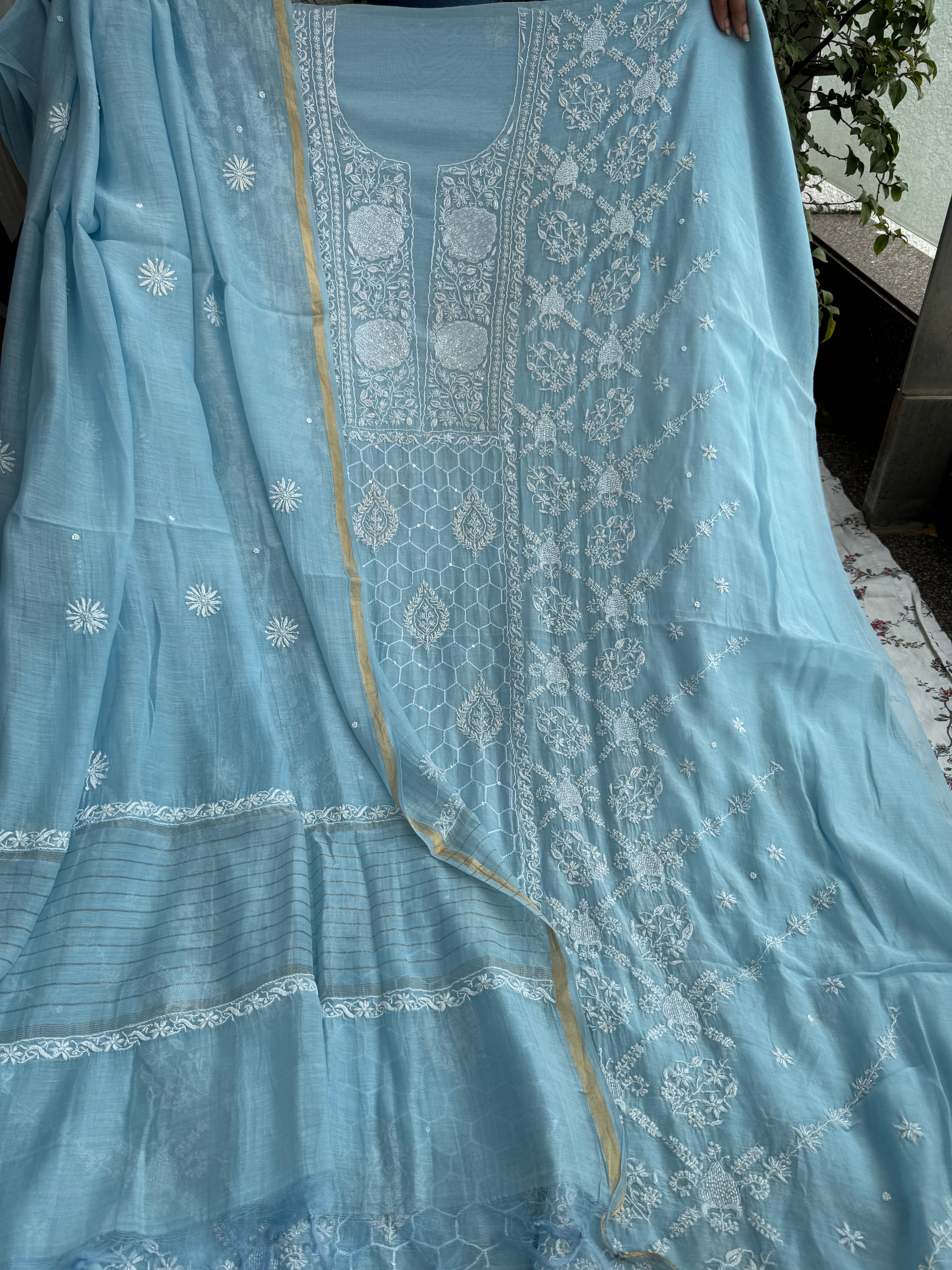 Mul Chanderi Chikankari - Heavy Unstitched Set - Baby Blue ARIAA CHIKANKARI 