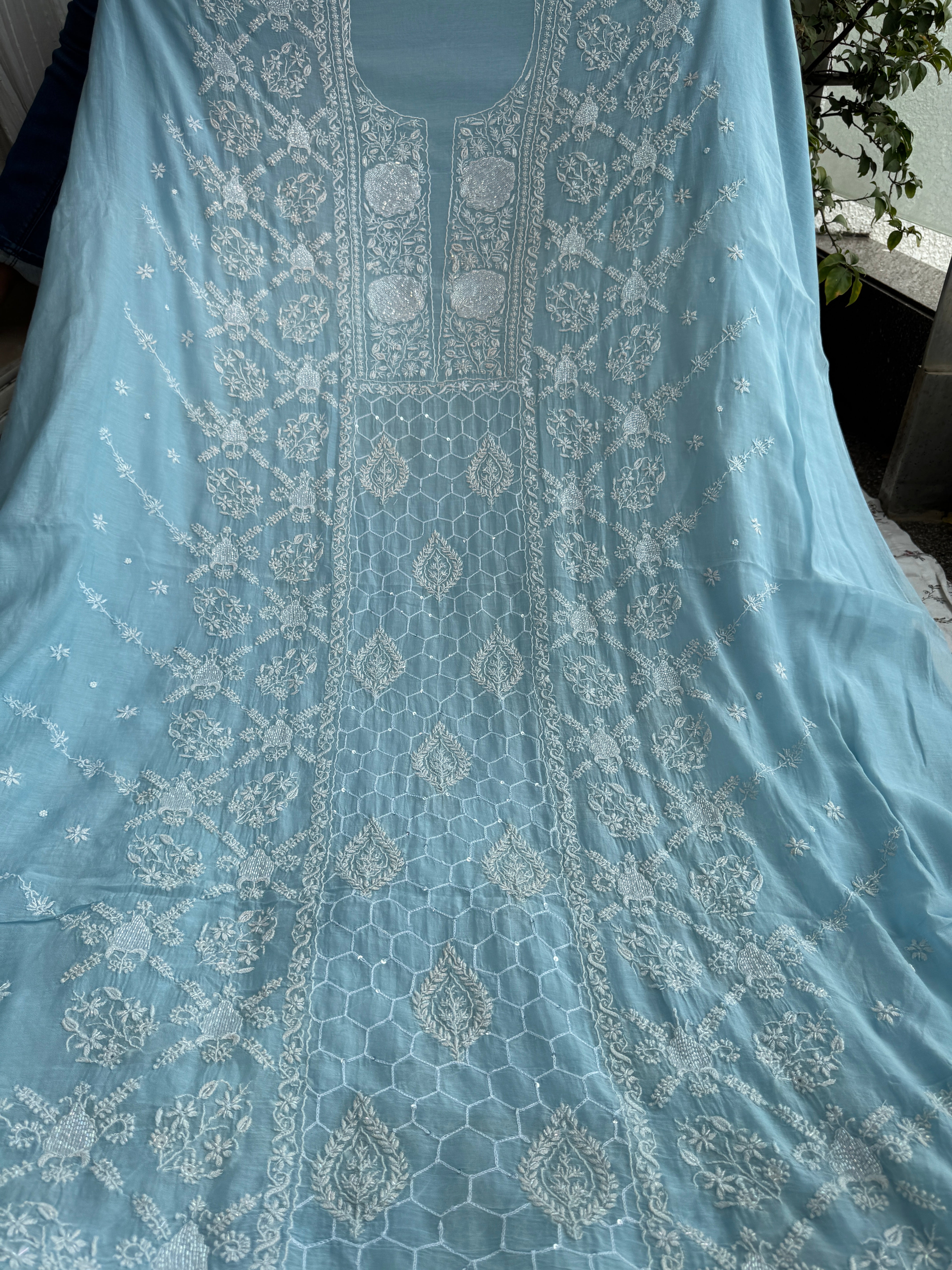 Mul Chanderi Chikankari - Heavy Unstitched Set - Baby Blue ARIAA CHIKANKARI 