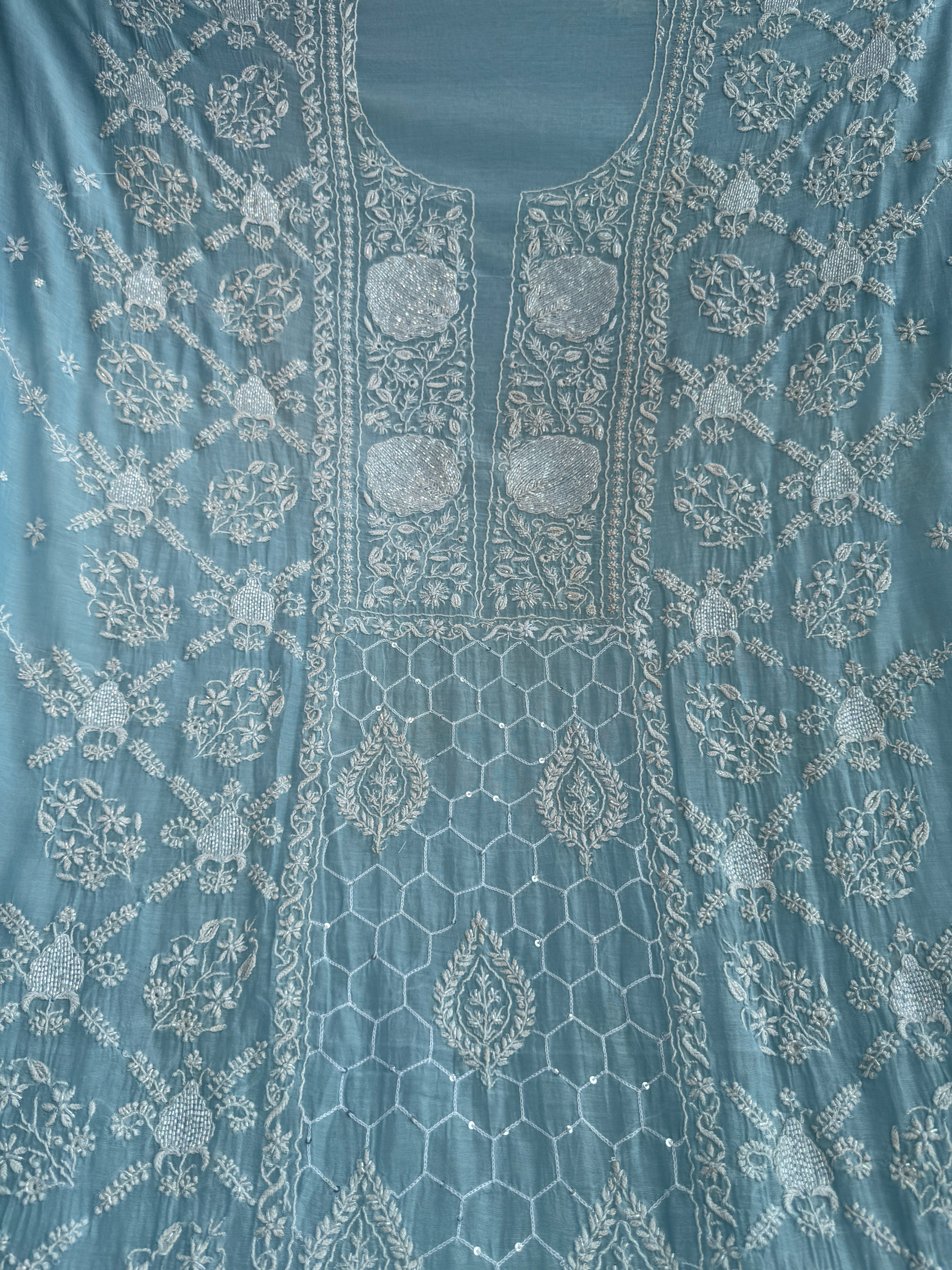 Mul Chanderi Chikankari - Heavy Unstitched Set - Baby Blue ARIAA CHIKANKARI 