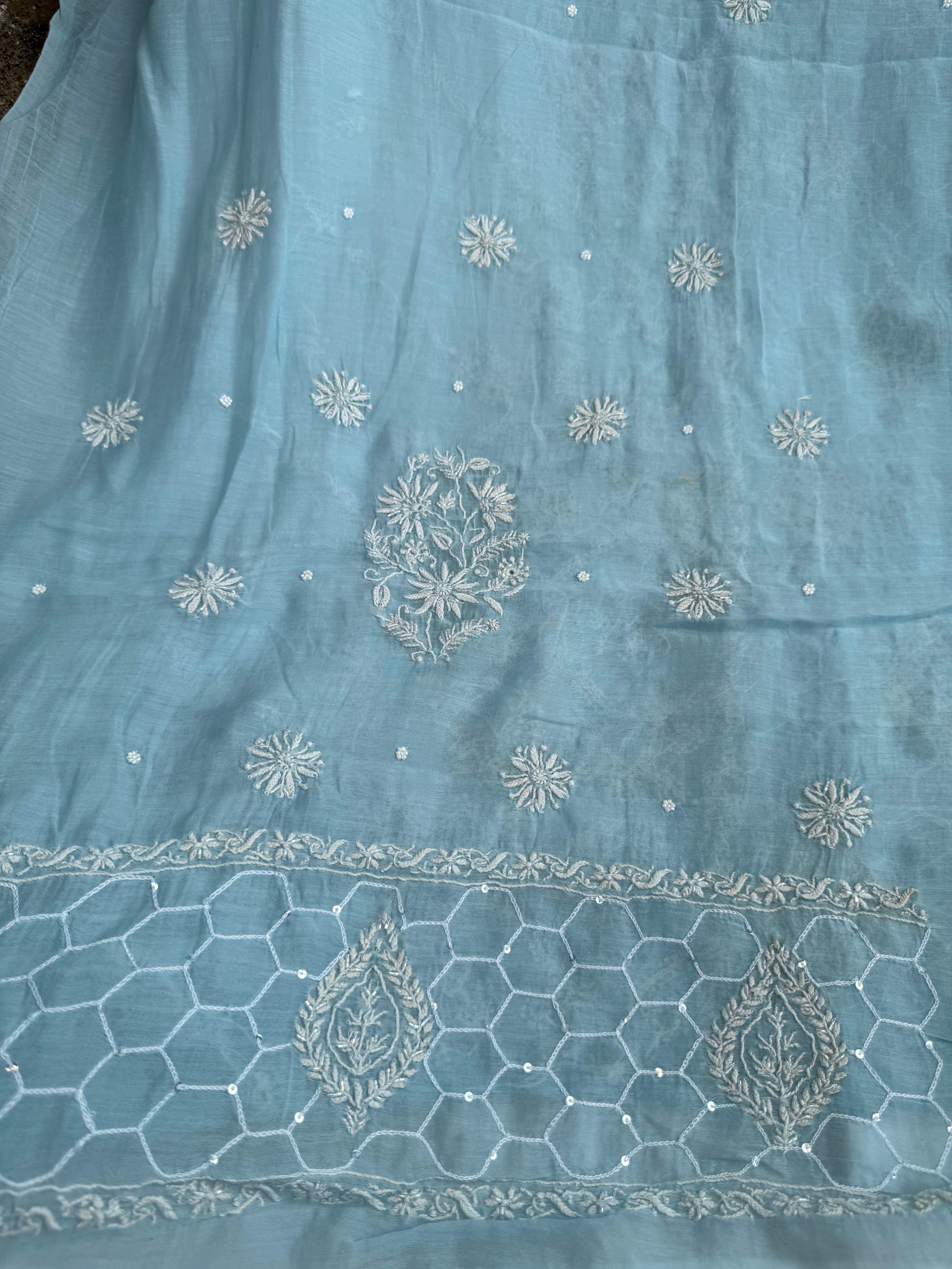 Mul Chanderi Chikankari - Heavy Unstitched Set - Baby Blue ARIAA CHIKANKARI 
