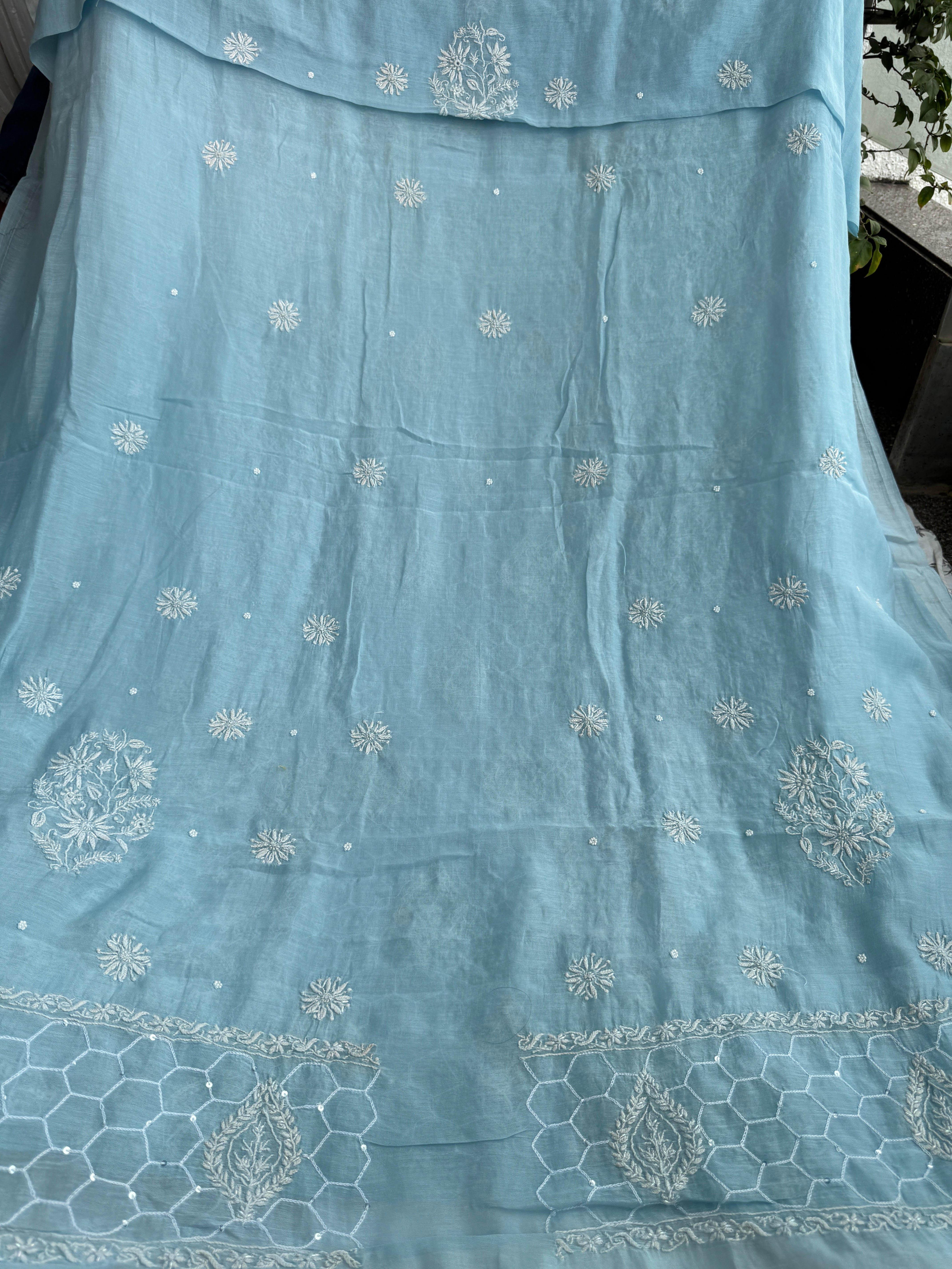 Mul Chanderi Chikankari - Heavy Unstitched Set - Baby Blue ARIAA CHIKANKARI 