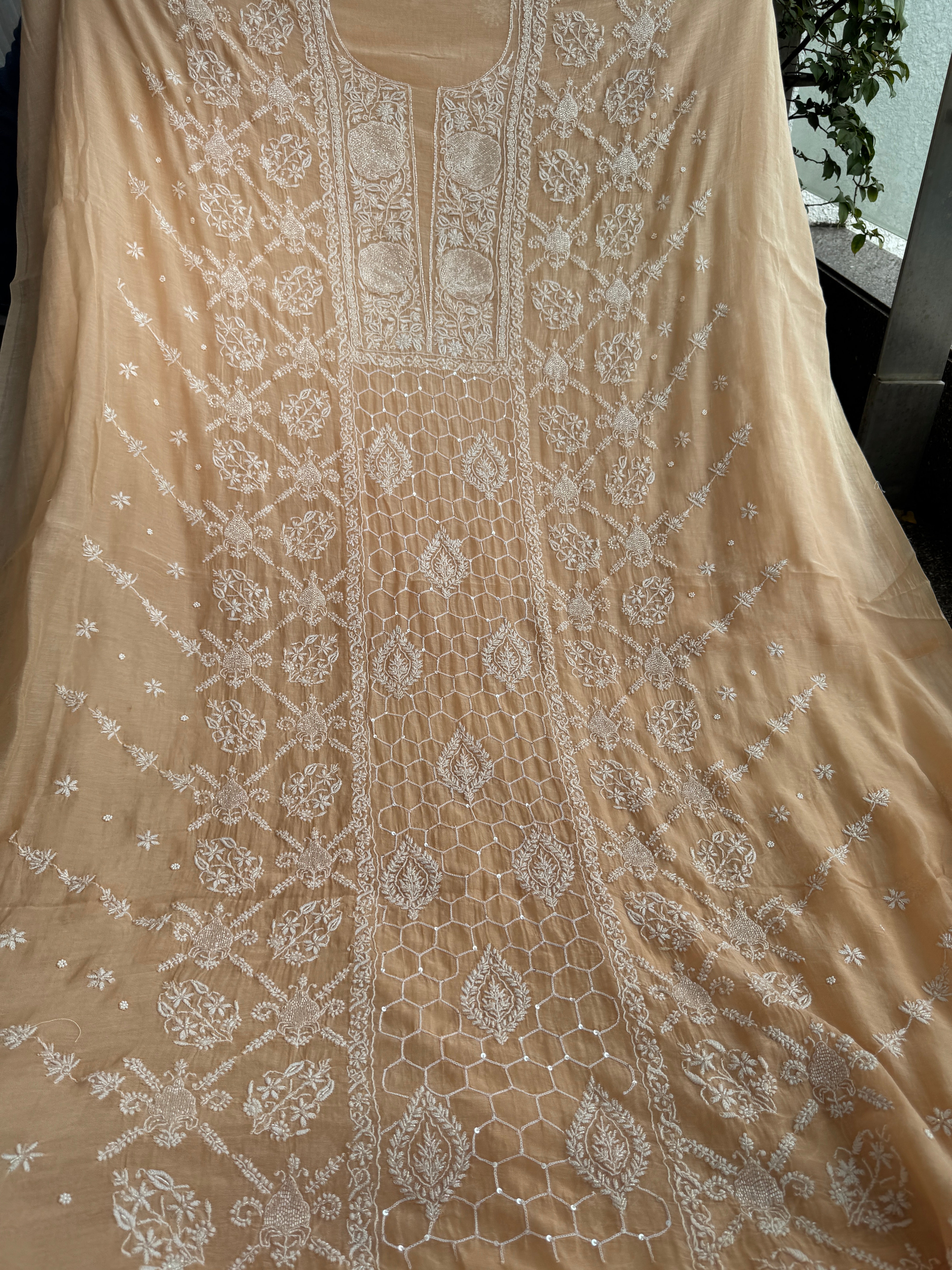 Mul Chanderi Chikankari - Heavy Unstitched Set - Blush Peach Ombre ARIAA CHIKANKARI 