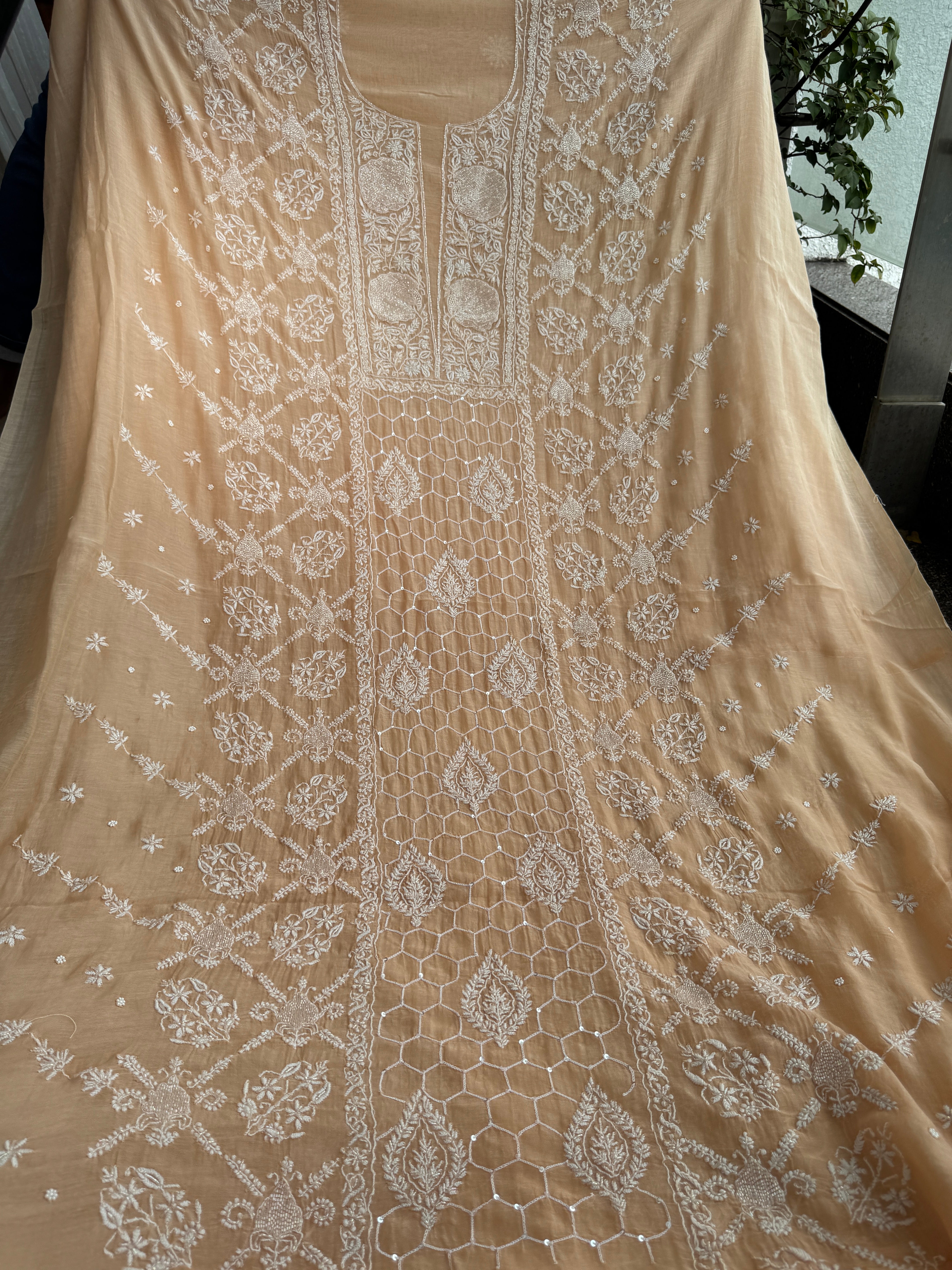 Mul Chanderi Chikankari - Heavy Unstitched Set - Blush Peach Ombre ARIAA CHIKANKARI 