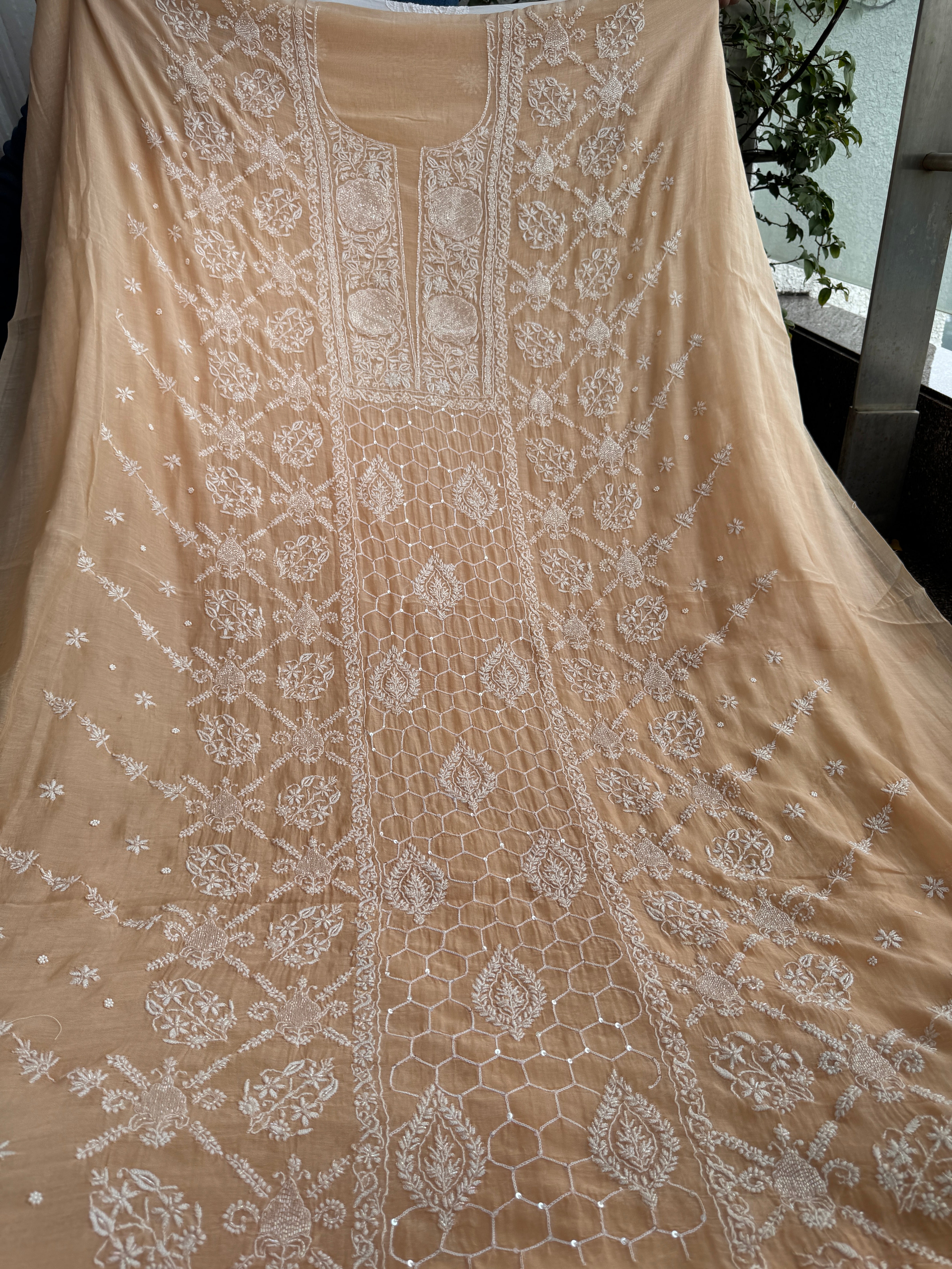 Mul Chanderi Chikankari - Heavy Unstitched Set - Blush Peach Ombre ARIAA CHIKANKARI 