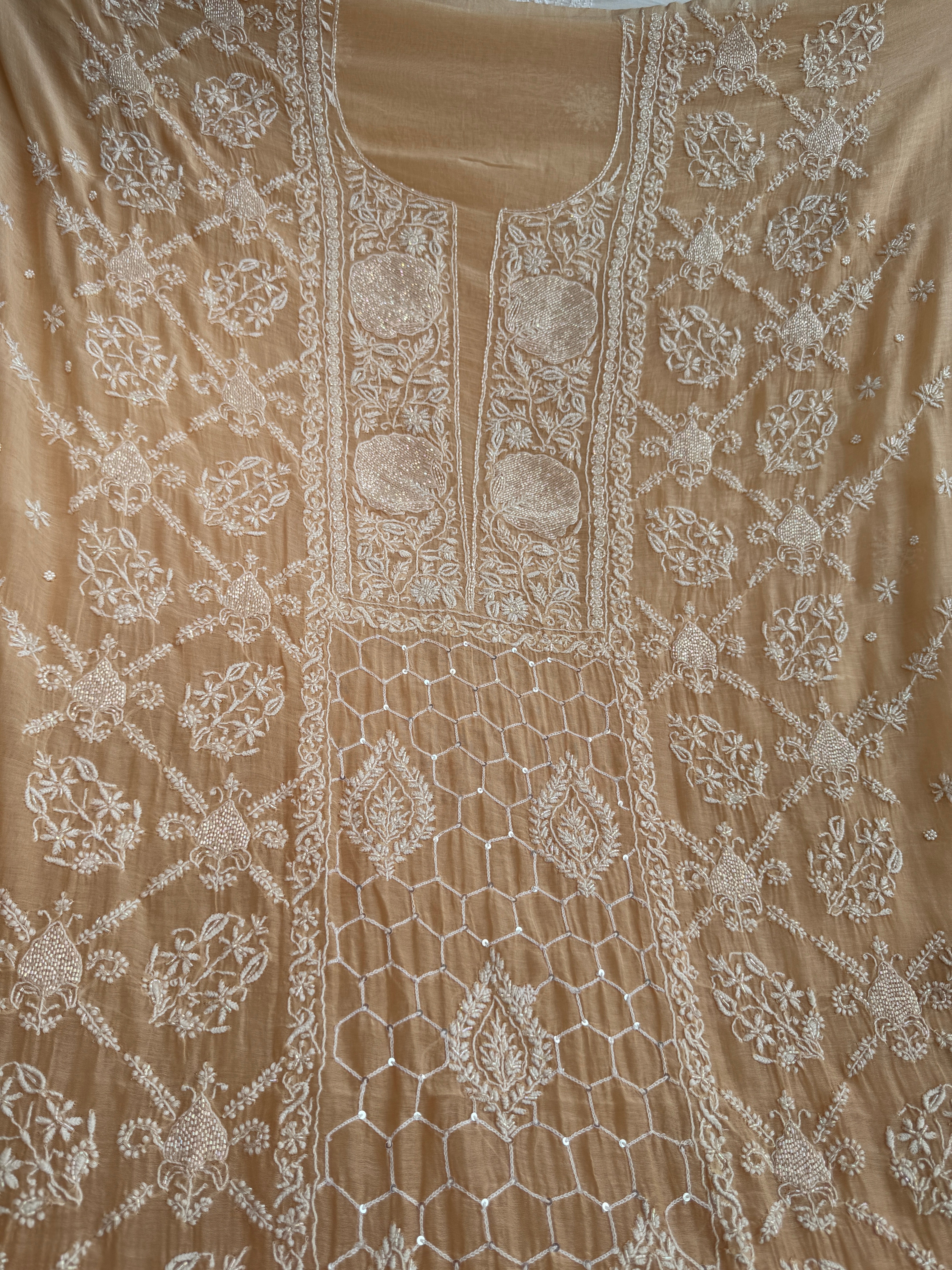 Mul Chanderi Chikankari - Heavy Unstitched Set - Blush Peach Ombre ARIAA CHIKANKARI 