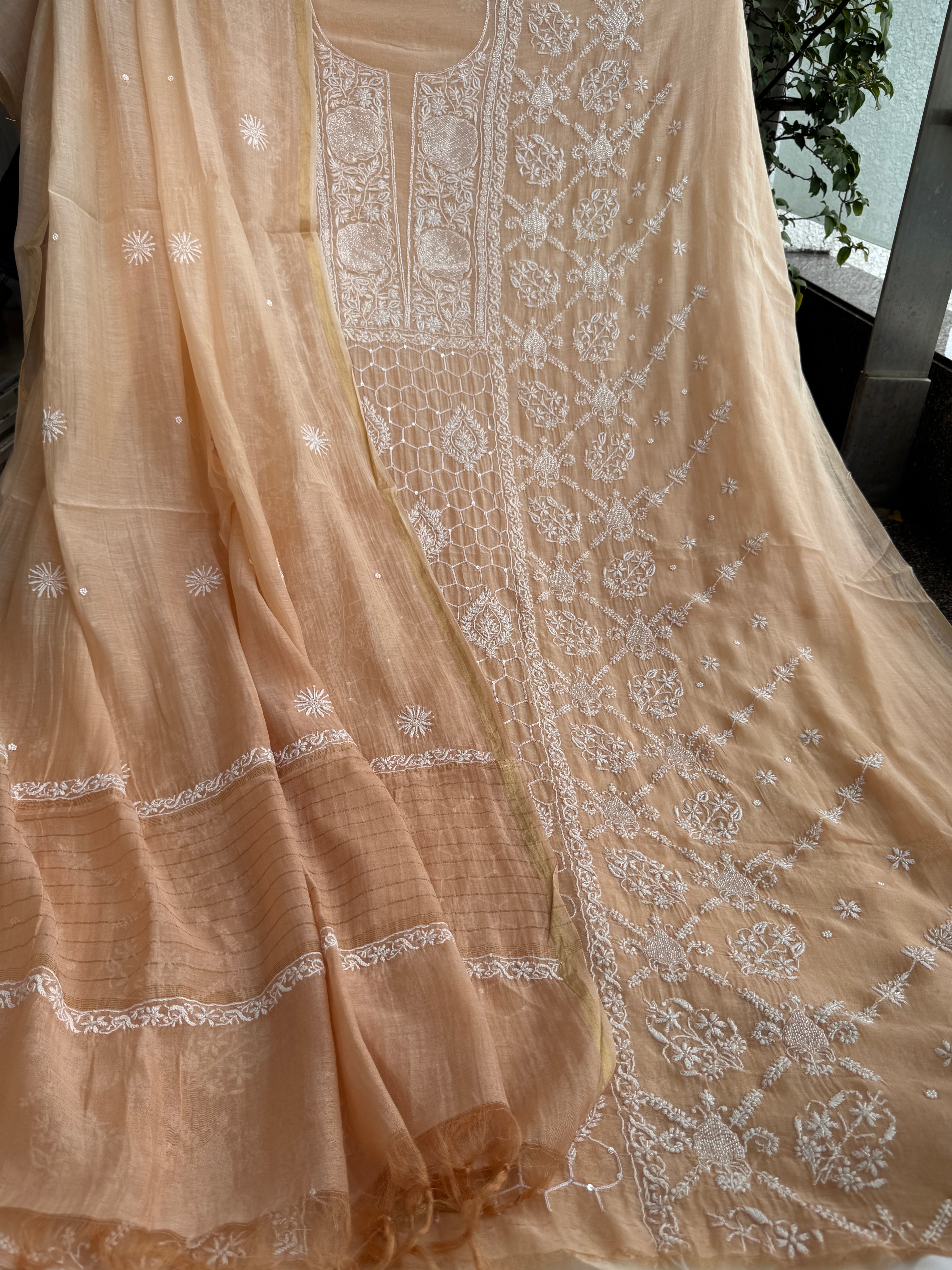 Mul Chanderi Chikankari - Heavy Unstitched Set - Blush Peach Ombre ARIAA CHIKANKARI 