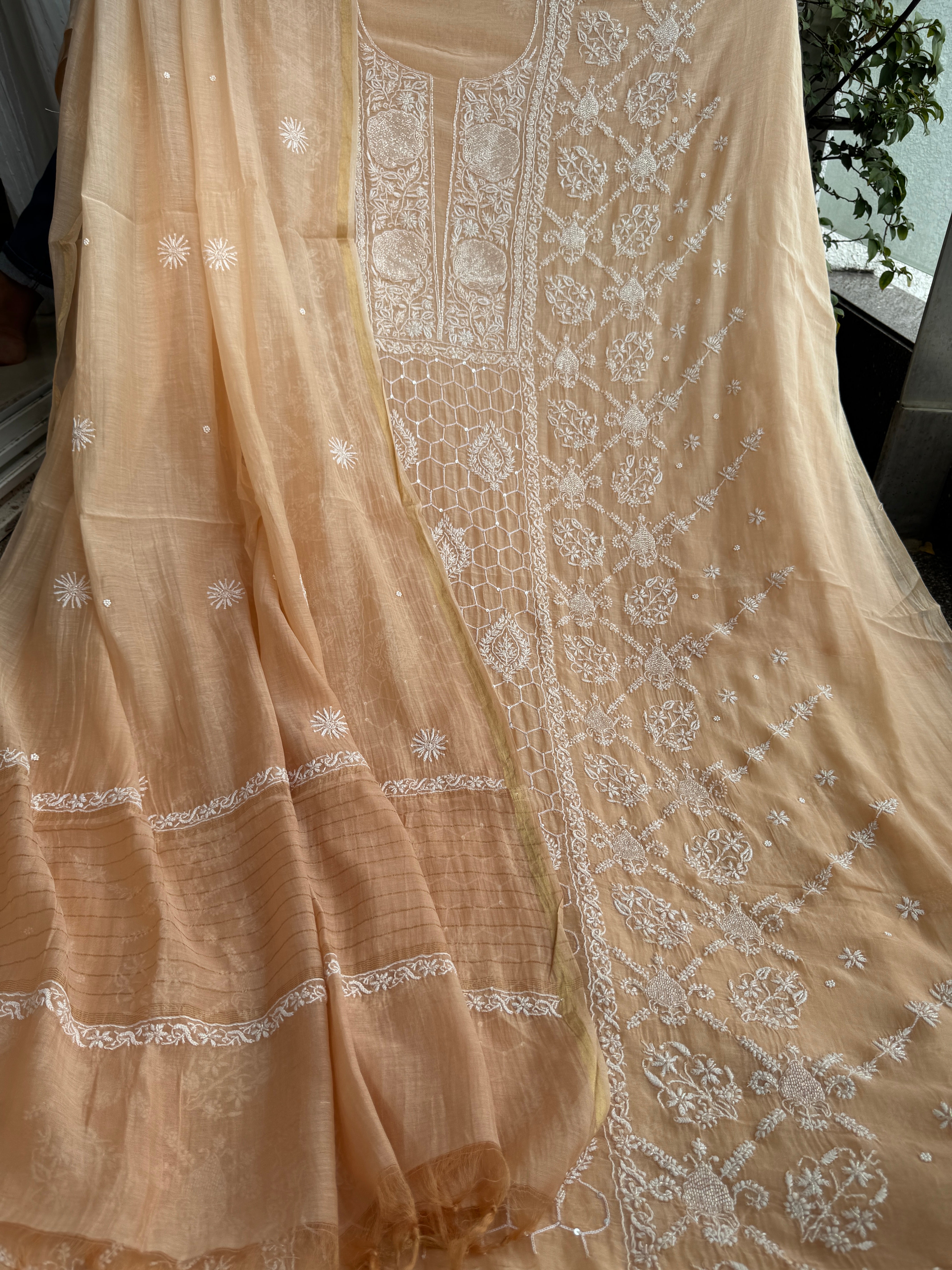 Mul Chanderi Chikankari - Heavy Unstitched Set - Blush Peach Ombre ARIAA CHIKANKARI 