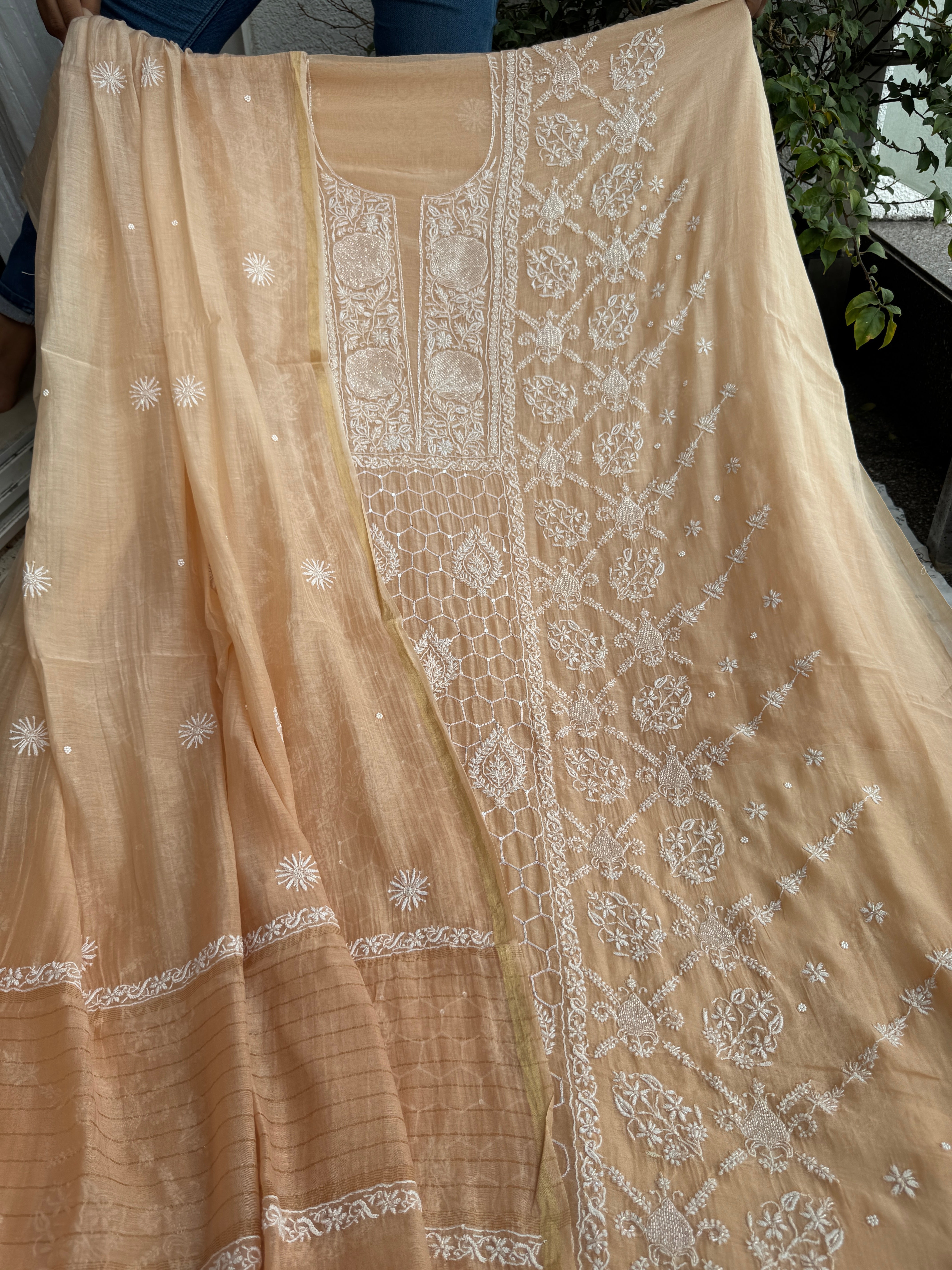 Mul Chanderi Chikankari - Heavy Unstitched Set - Blush Peach Ombre ARIAA CHIKANKARI 