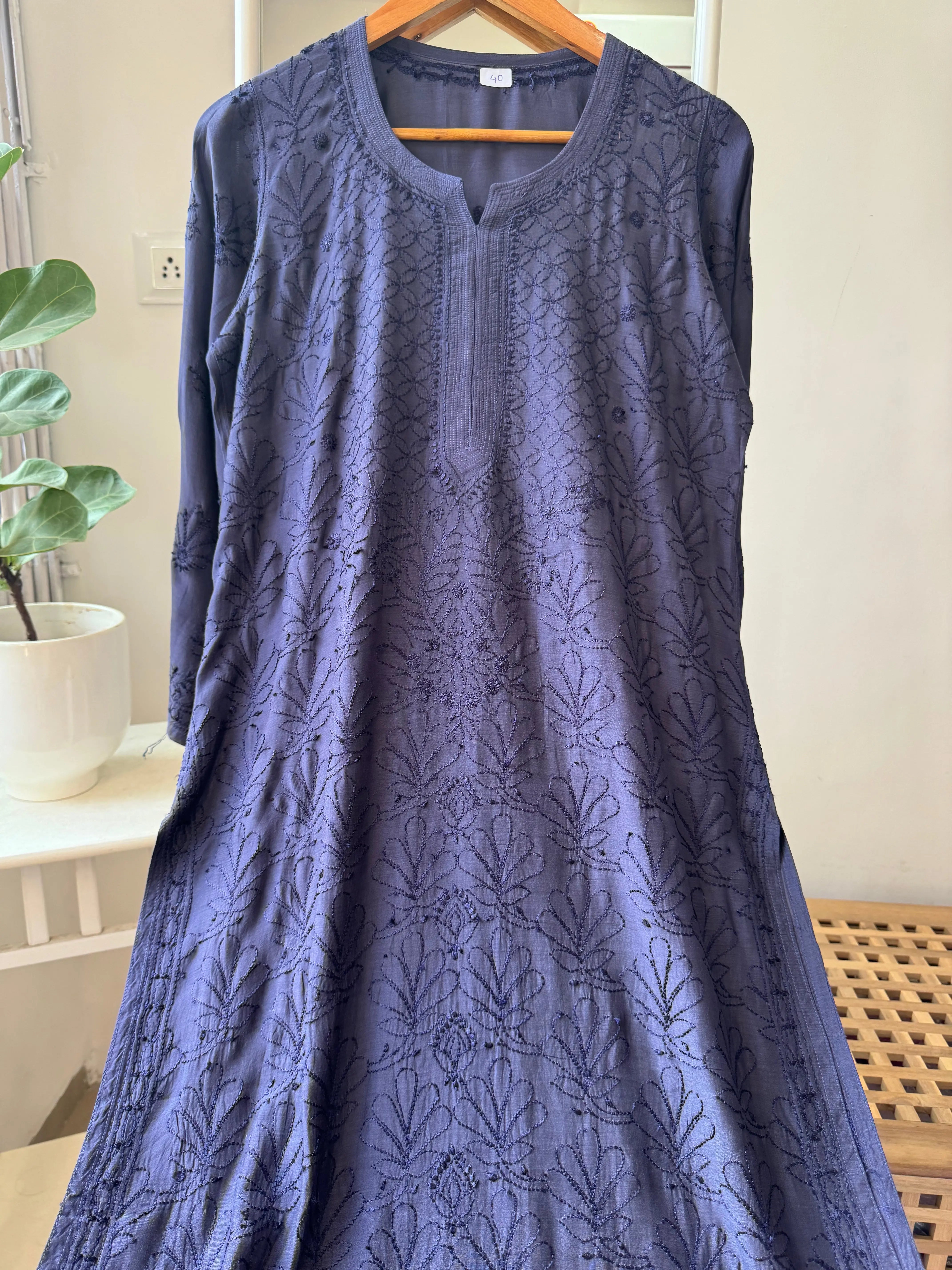 Muslin Chikankari Kurti - Dark Blue ARIAA CHIKANKARI 