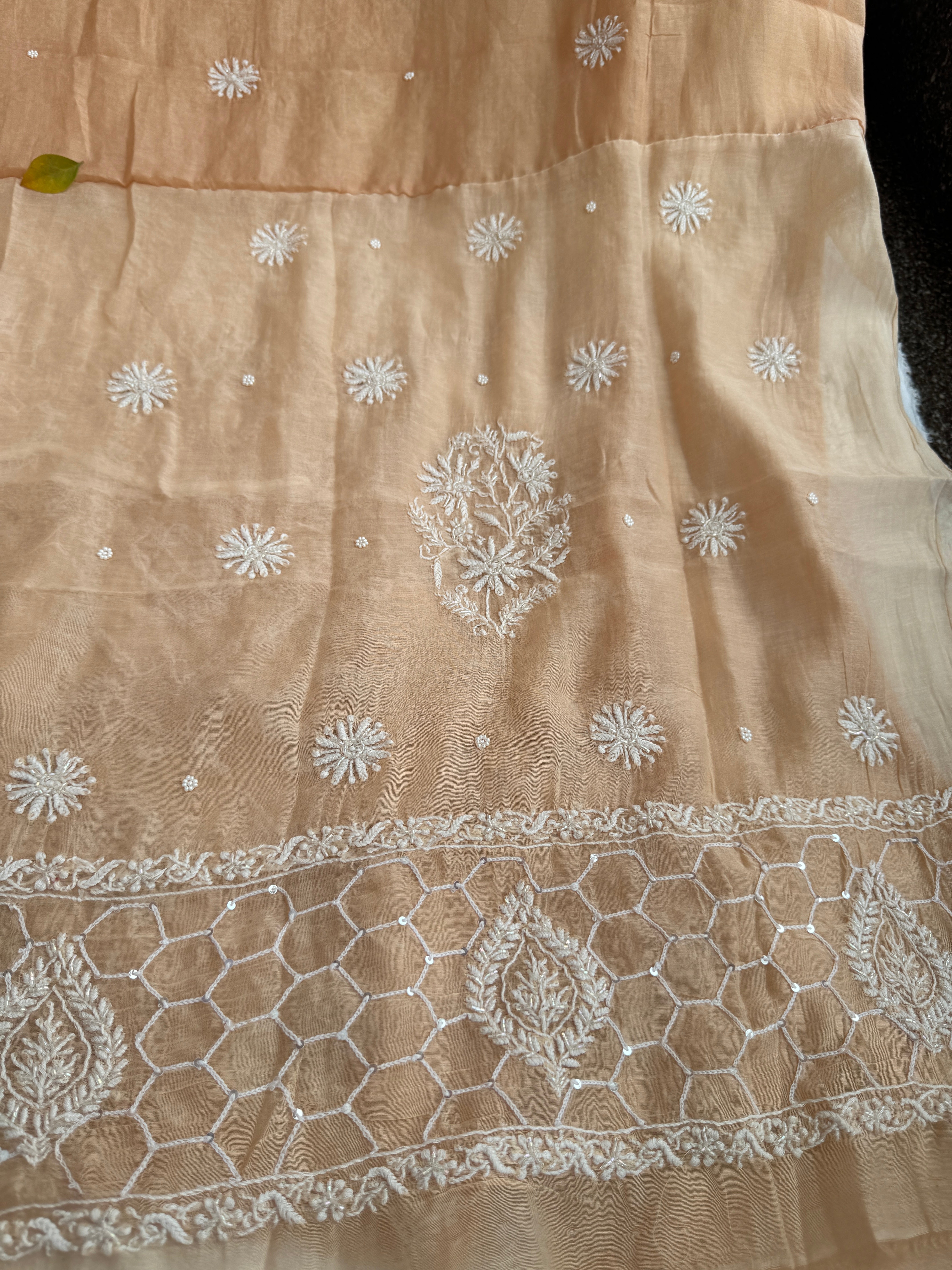 Mul Chanderi Chikankari - Heavy Unstitched Set - Blush Peach Ombre ARIAA CHIKANKARI 