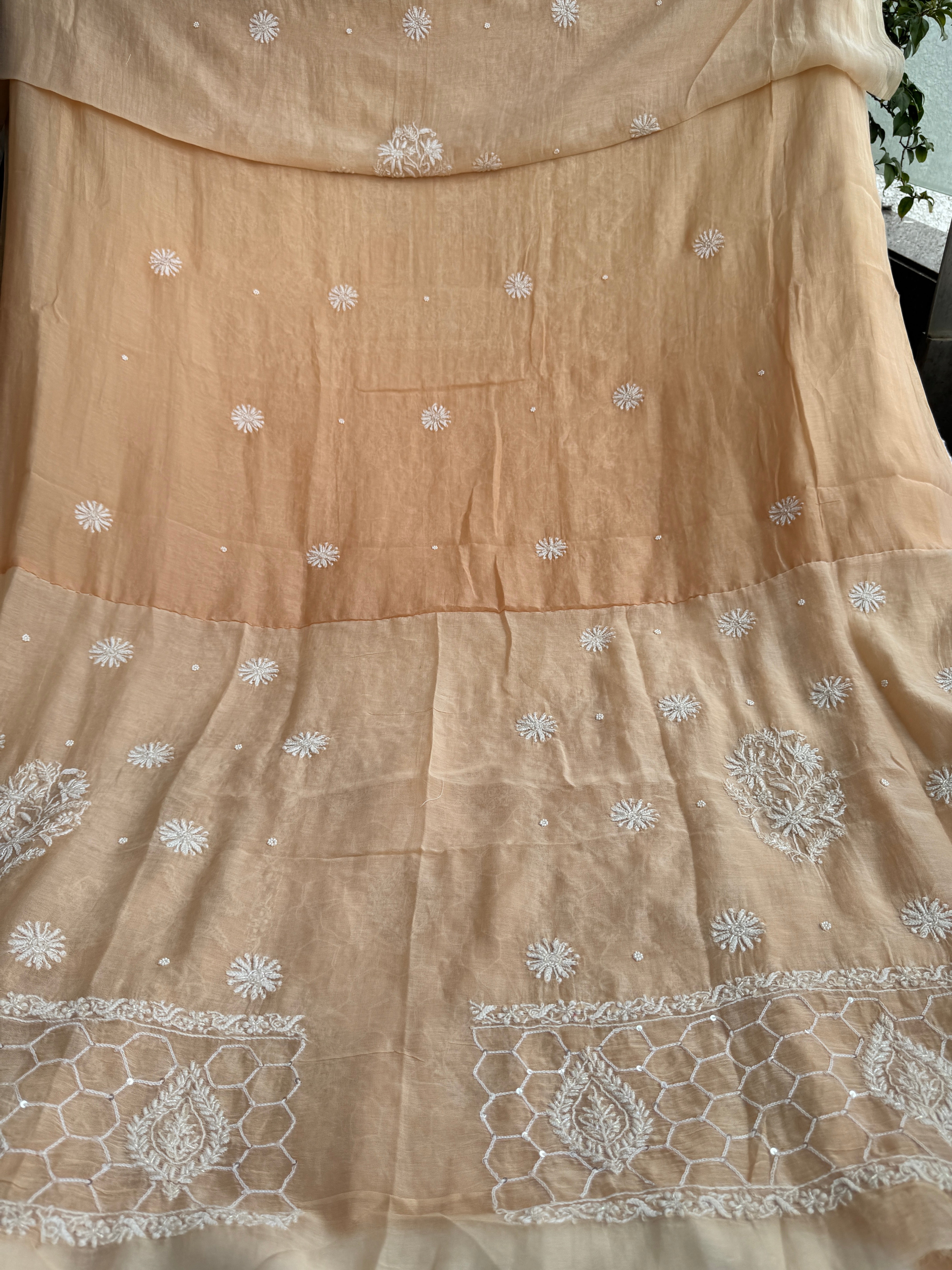 Mul Chanderi Chikankari - Heavy Unstitched Set - Blush Peach Ombre ARIAA CHIKANKARI 