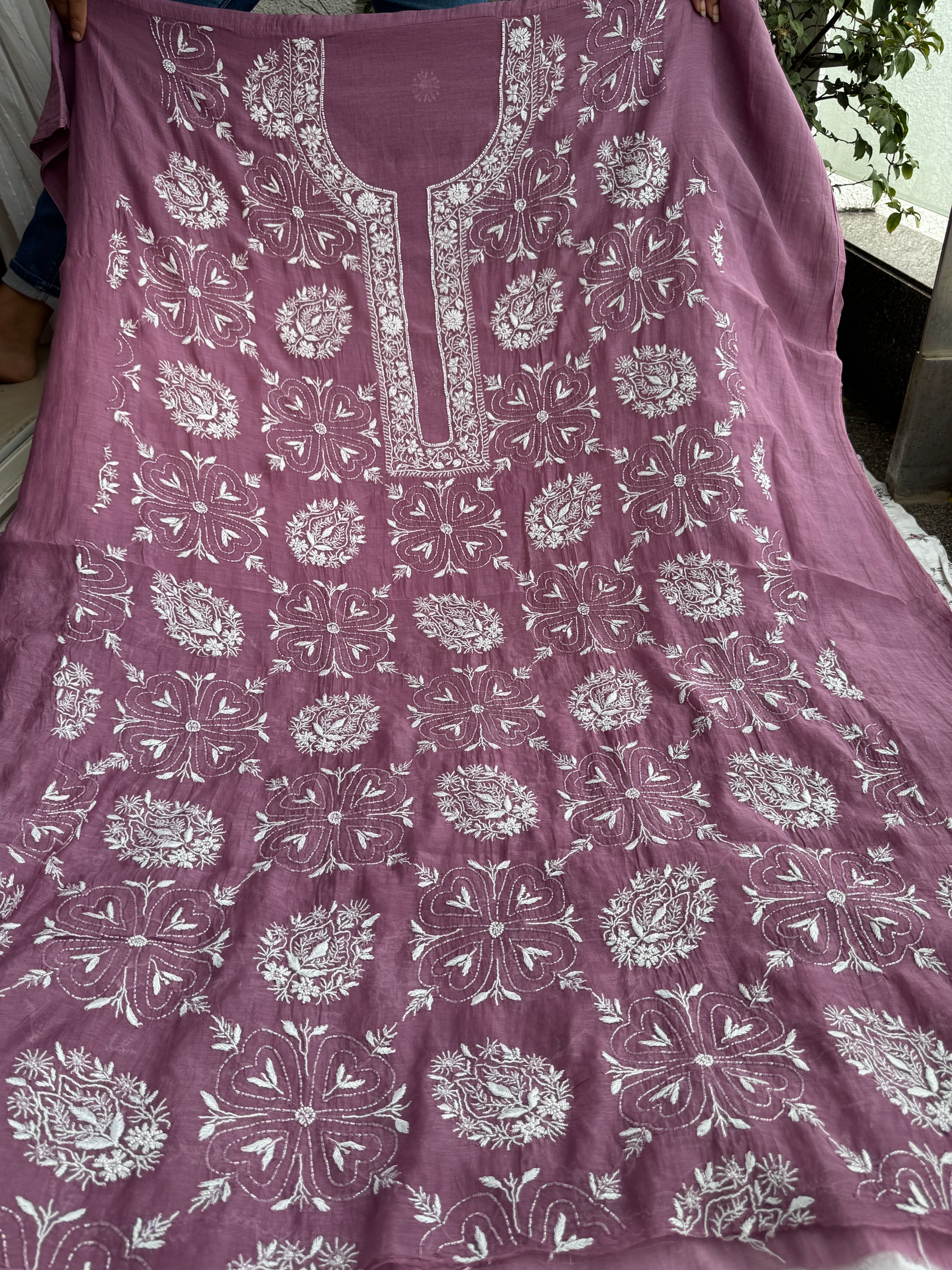 Mul Chanderi Chikankari - Heavy Unstitched Set - Plum Purple ARIAA CHIKANKARI 