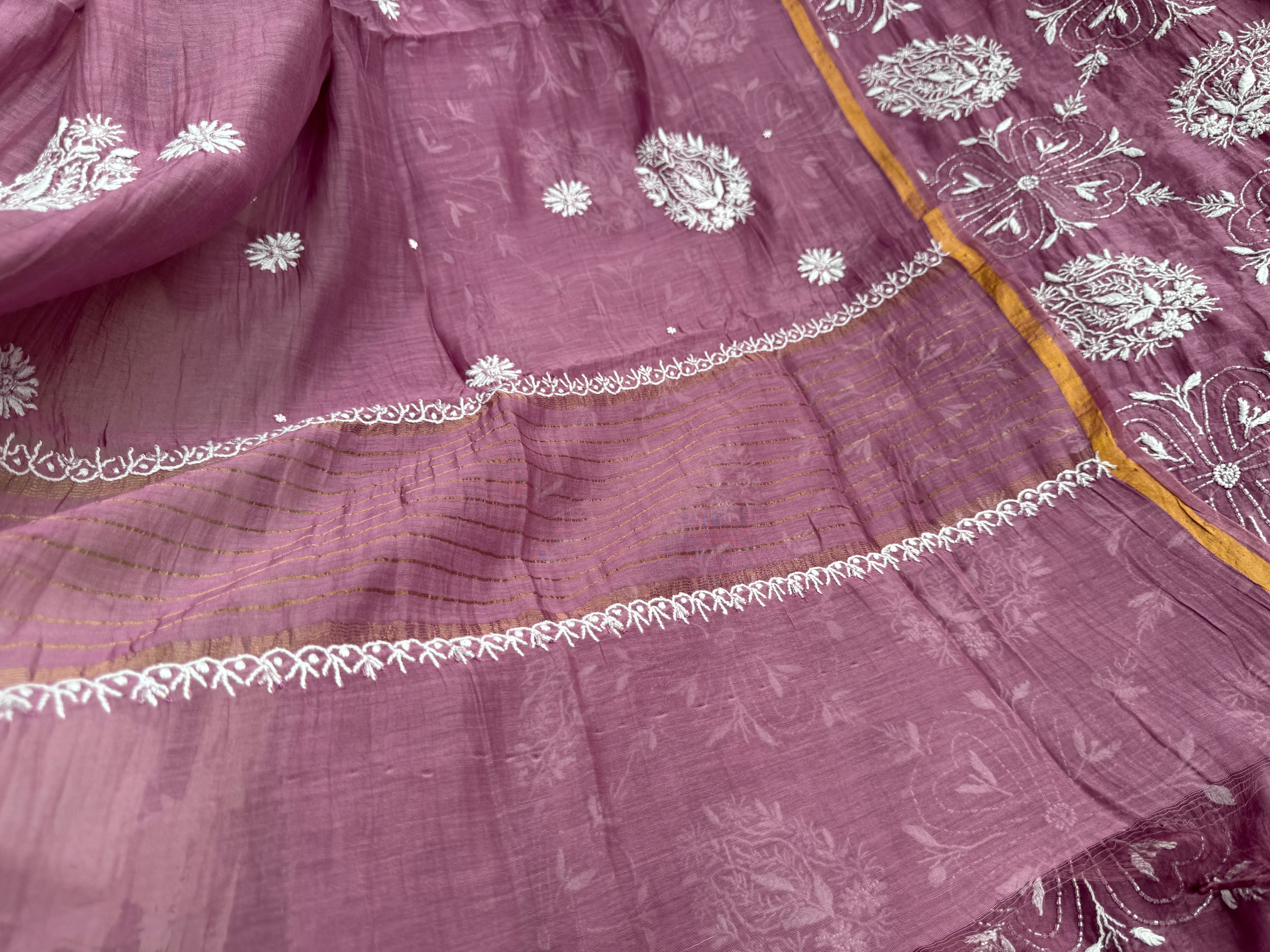 Mul Chanderi Chikankari - Heavy Unstitched Set - Plum Purple ARIAA CHIKANKARI 