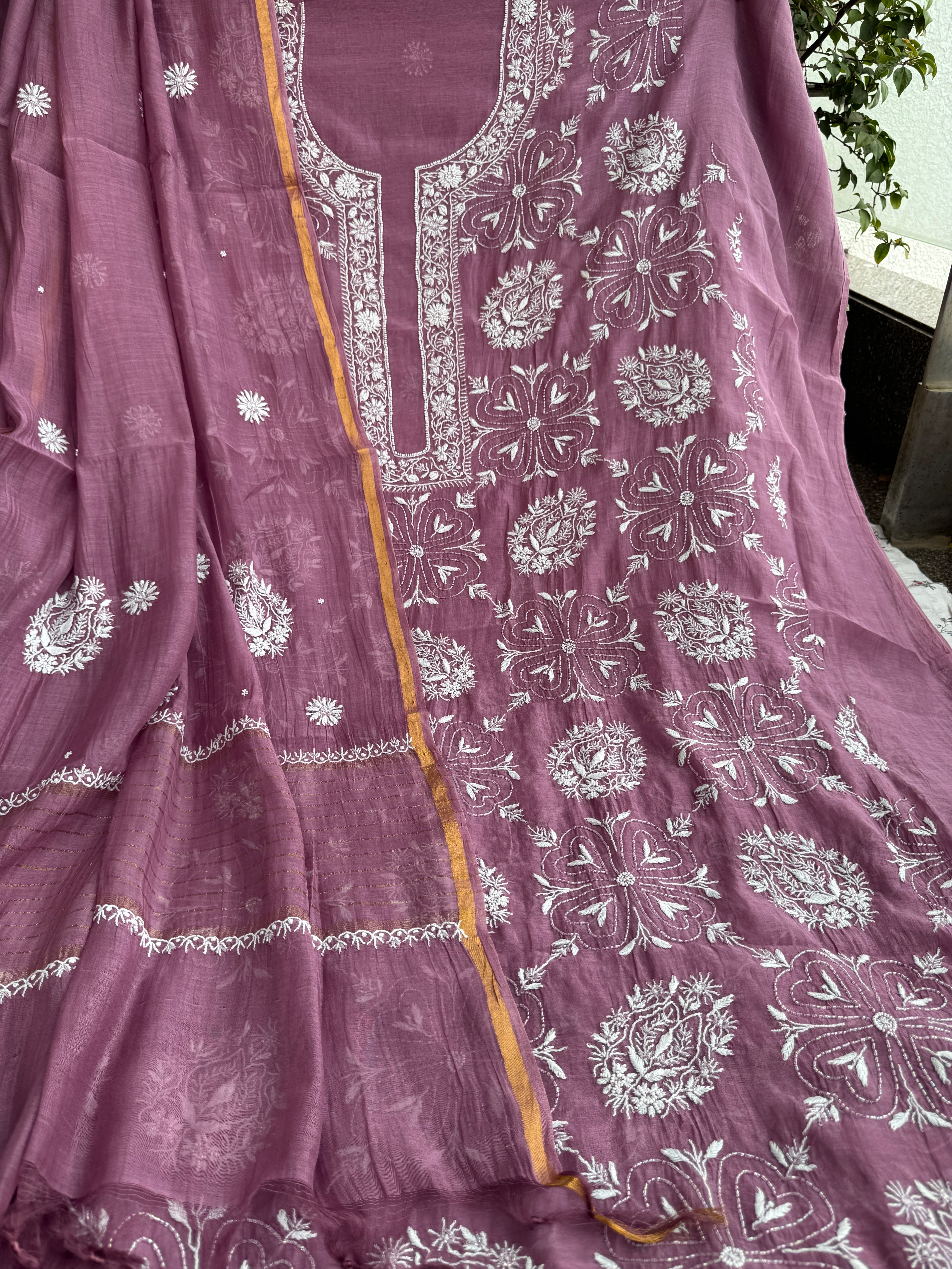 Mul Chanderi Chikankari - Heavy Unstitched Set - Plum Purple ARIAA CHIKANKARI 