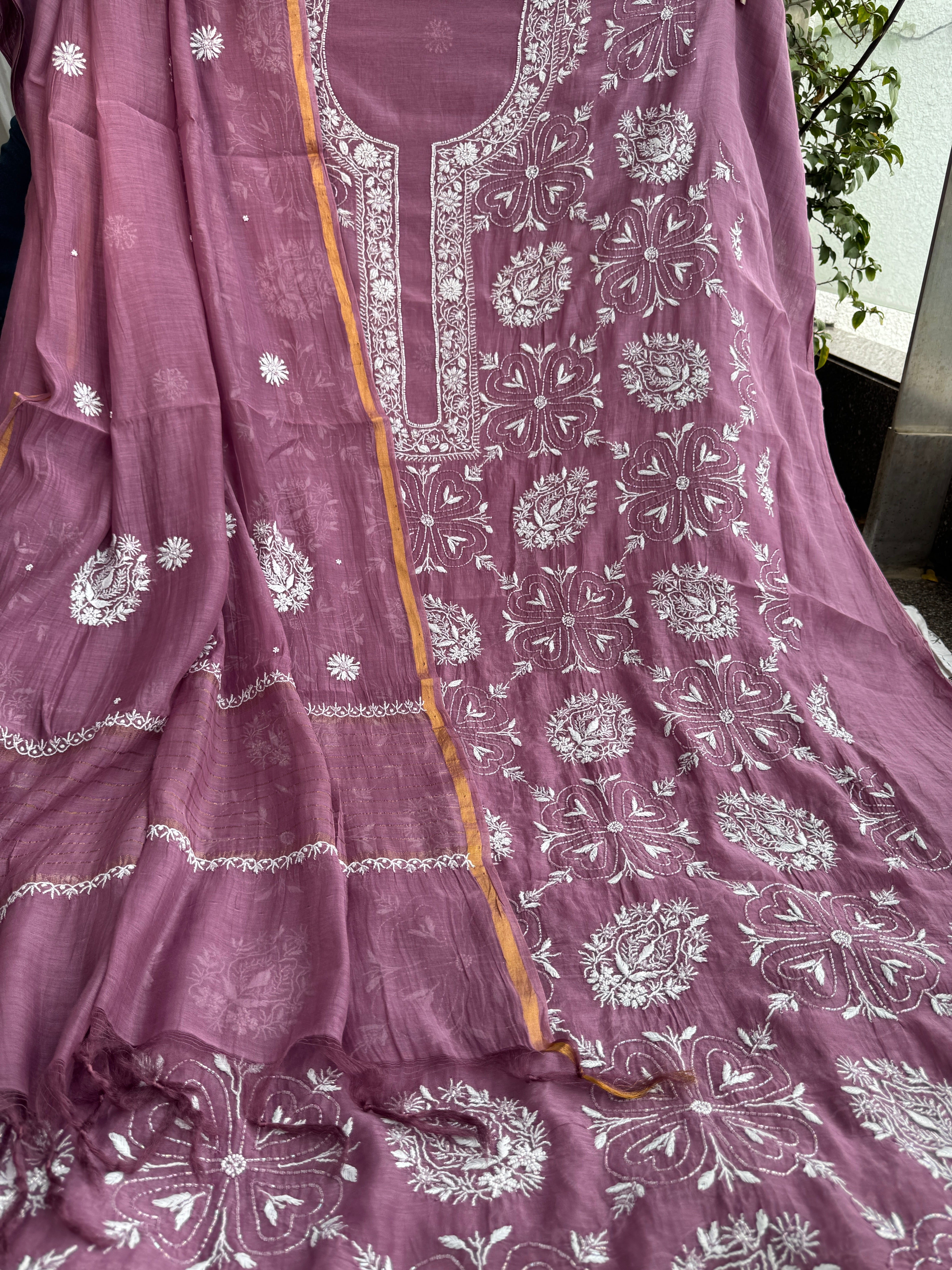 Mul Chanderi Chikankari - Heavy Unstitched Set - Plum Purple ARIAA CHIKANKARI 