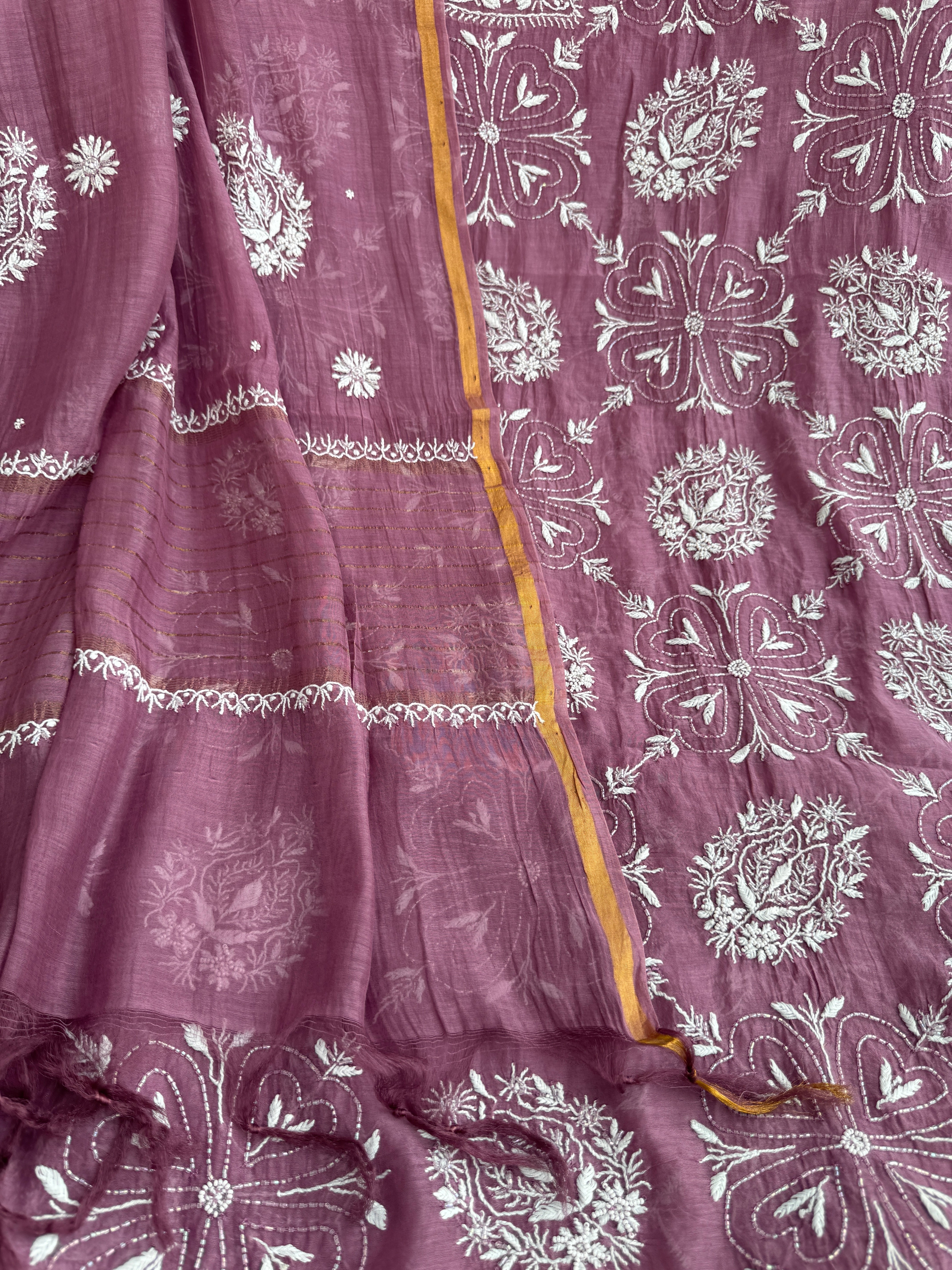 Mul Chanderi Chikankari - Heavy Unstitched Set - Plum Purple ARIAA CHIKANKARI 