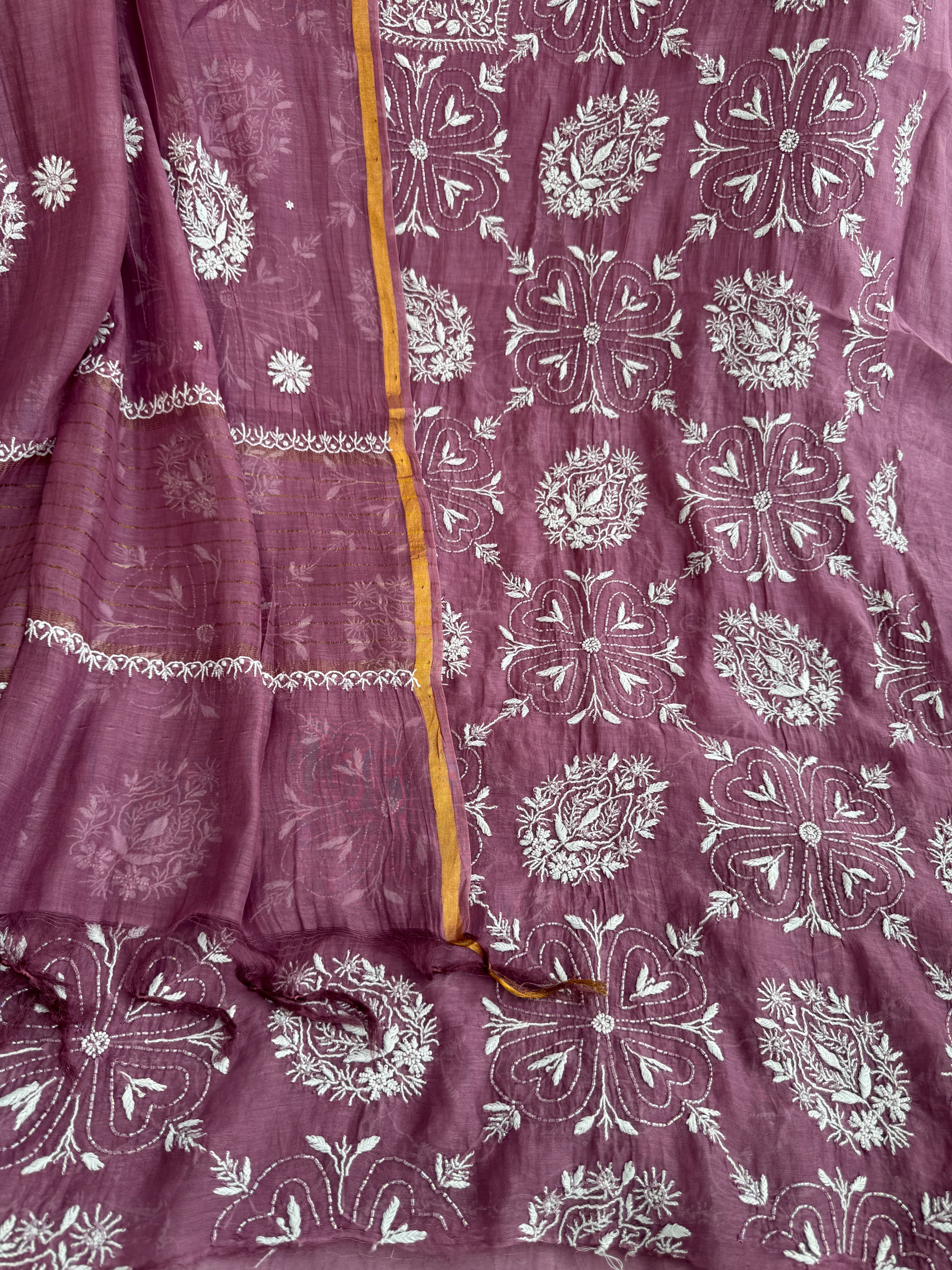 Mul Chanderi Chikankari - Heavy Unstitched Set - Plum Purple ARIAA CHIKANKARI 