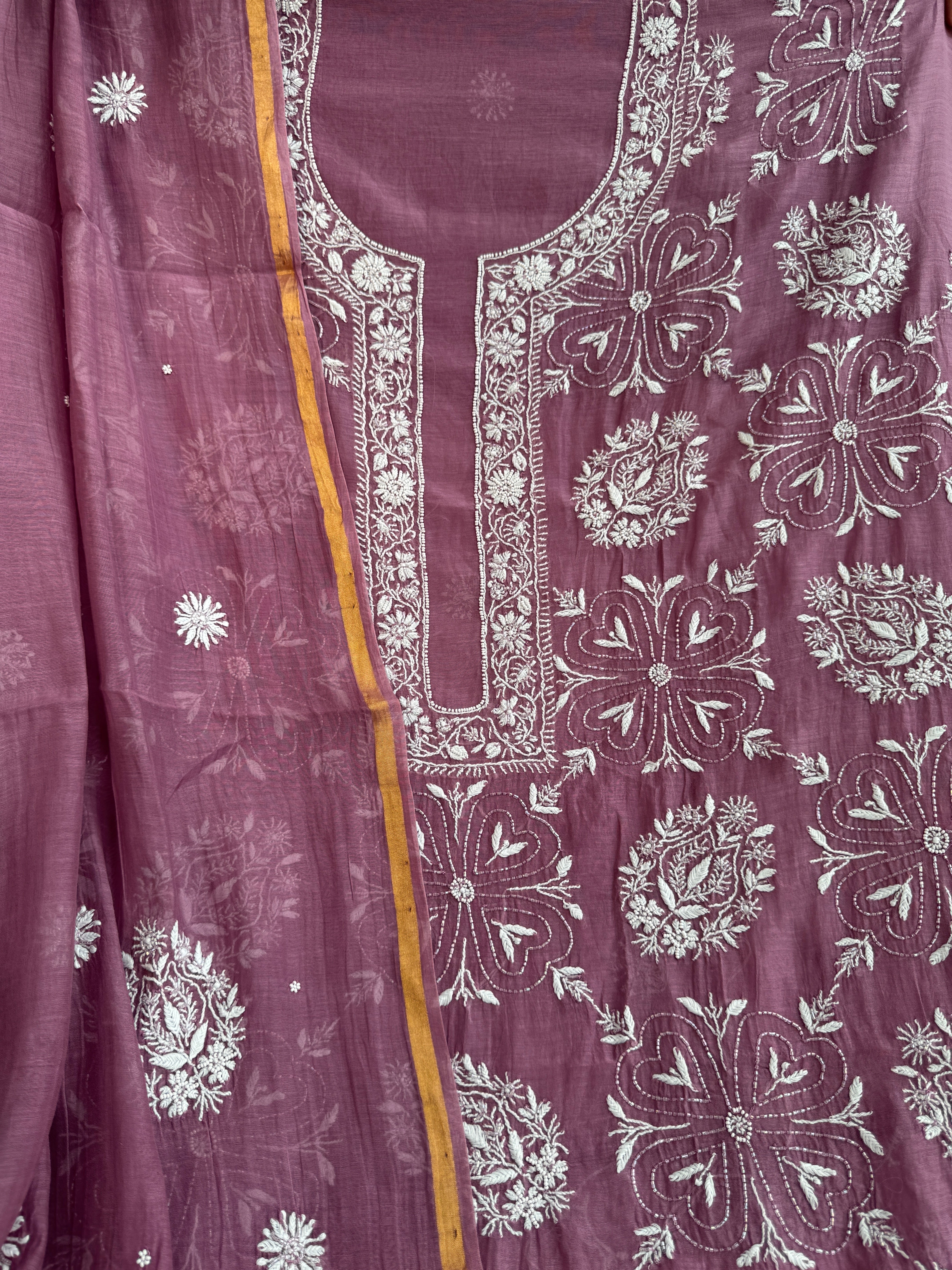 Mul Chanderi Chikankari - Heavy Unstitched Set - Plum Purple ARIAA CHIKANKARI 
