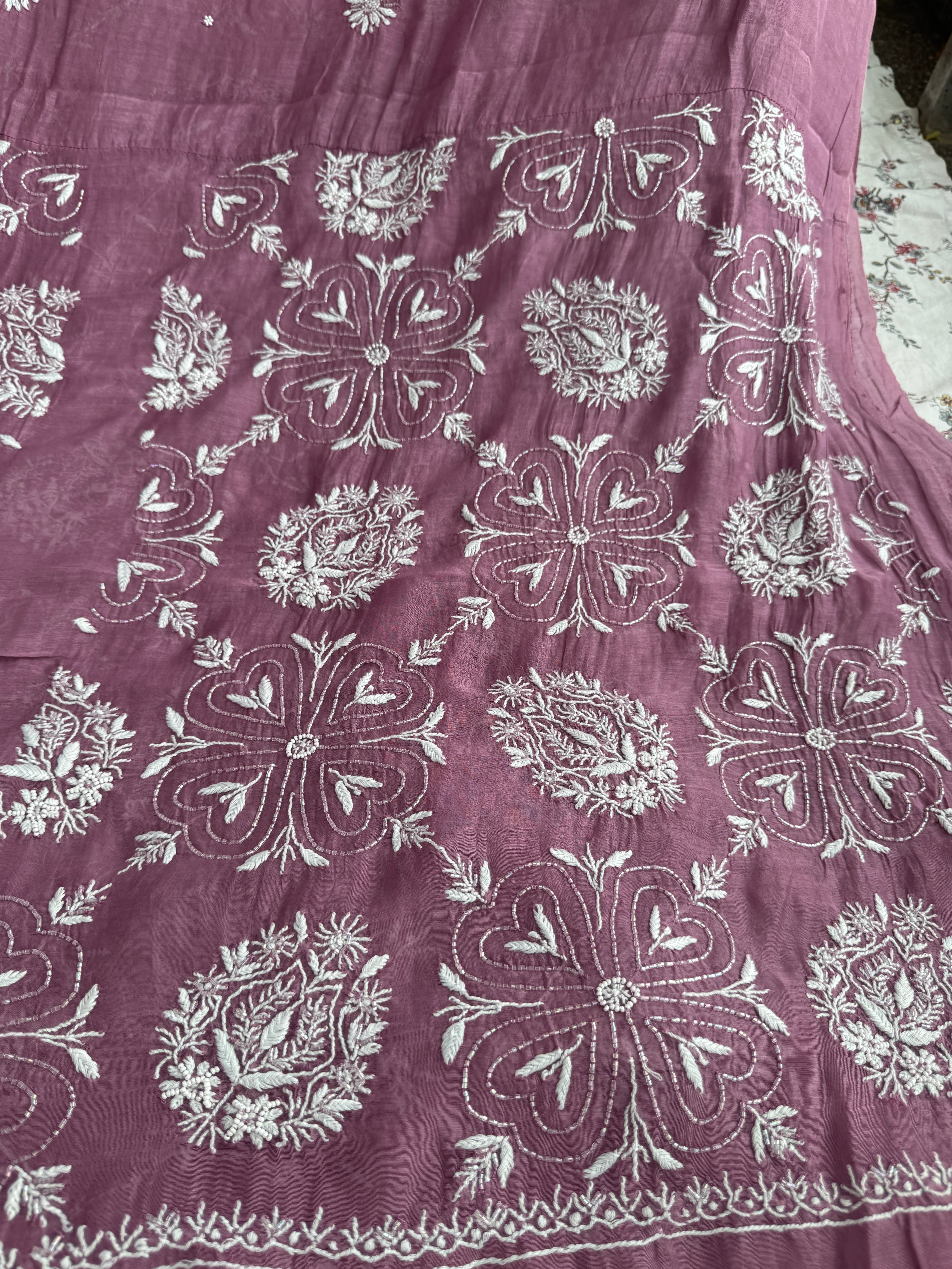 Mul Chanderi Chikankari - Heavy Unstitched Set - Plum Purple ARIAA CHIKANKARI 