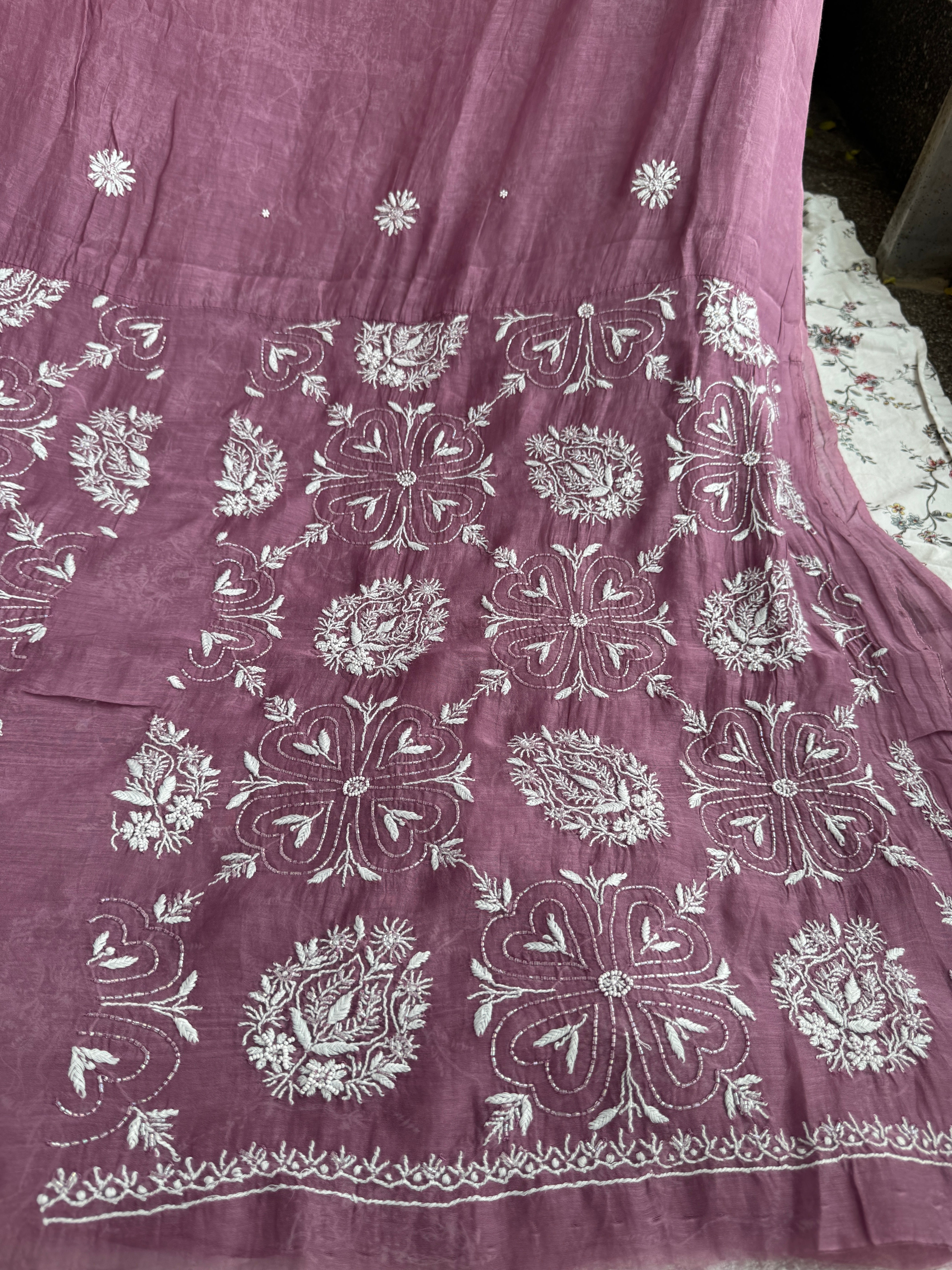 Mul Chanderi Chikankari - Heavy Unstitched Set - Plum Purple ARIAA CHIKANKARI 