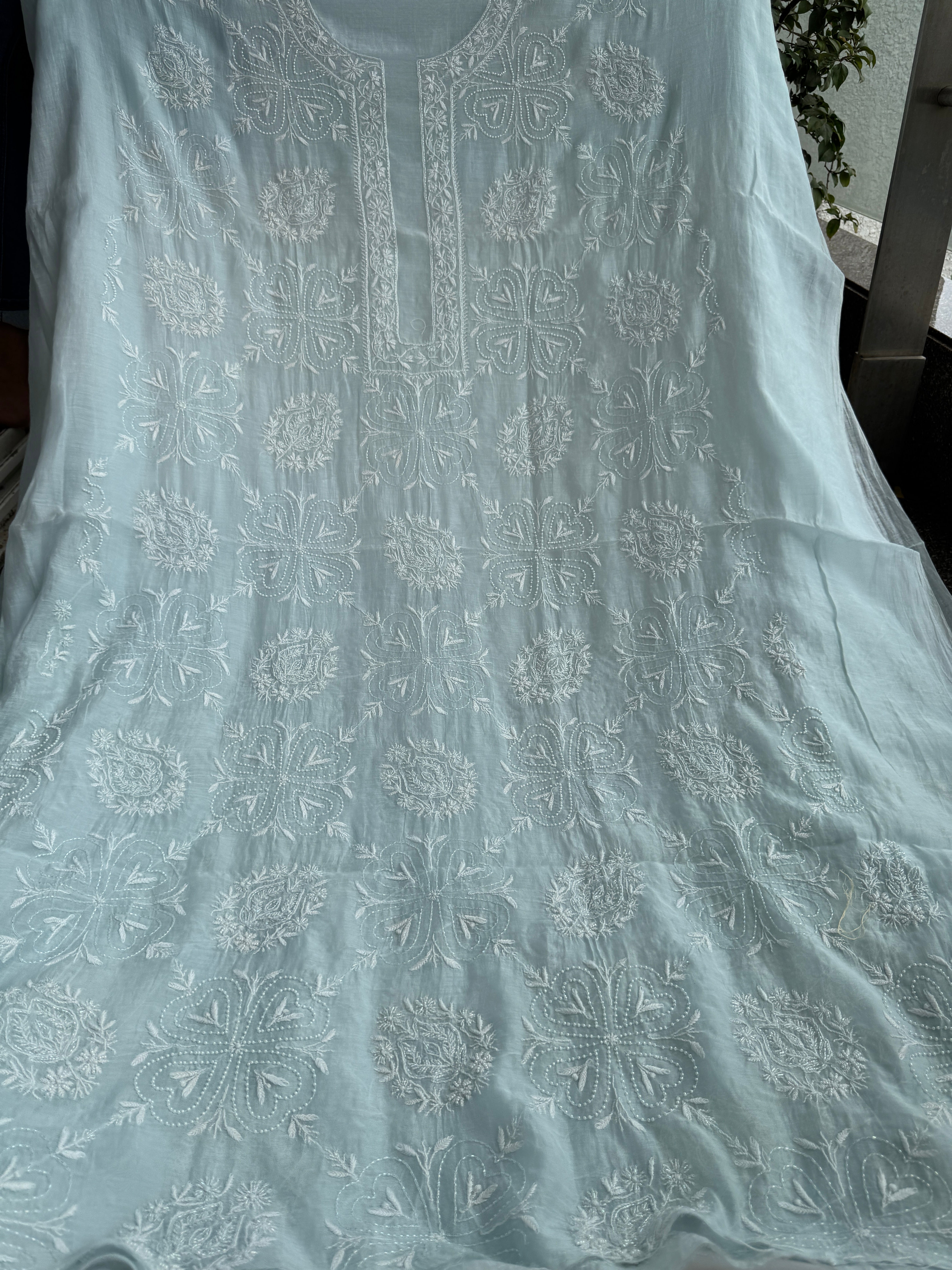 Mul Chanderi Chikankari - Heavy Unstitched Set - Baby Blue ARIAA CHIKANKARI 