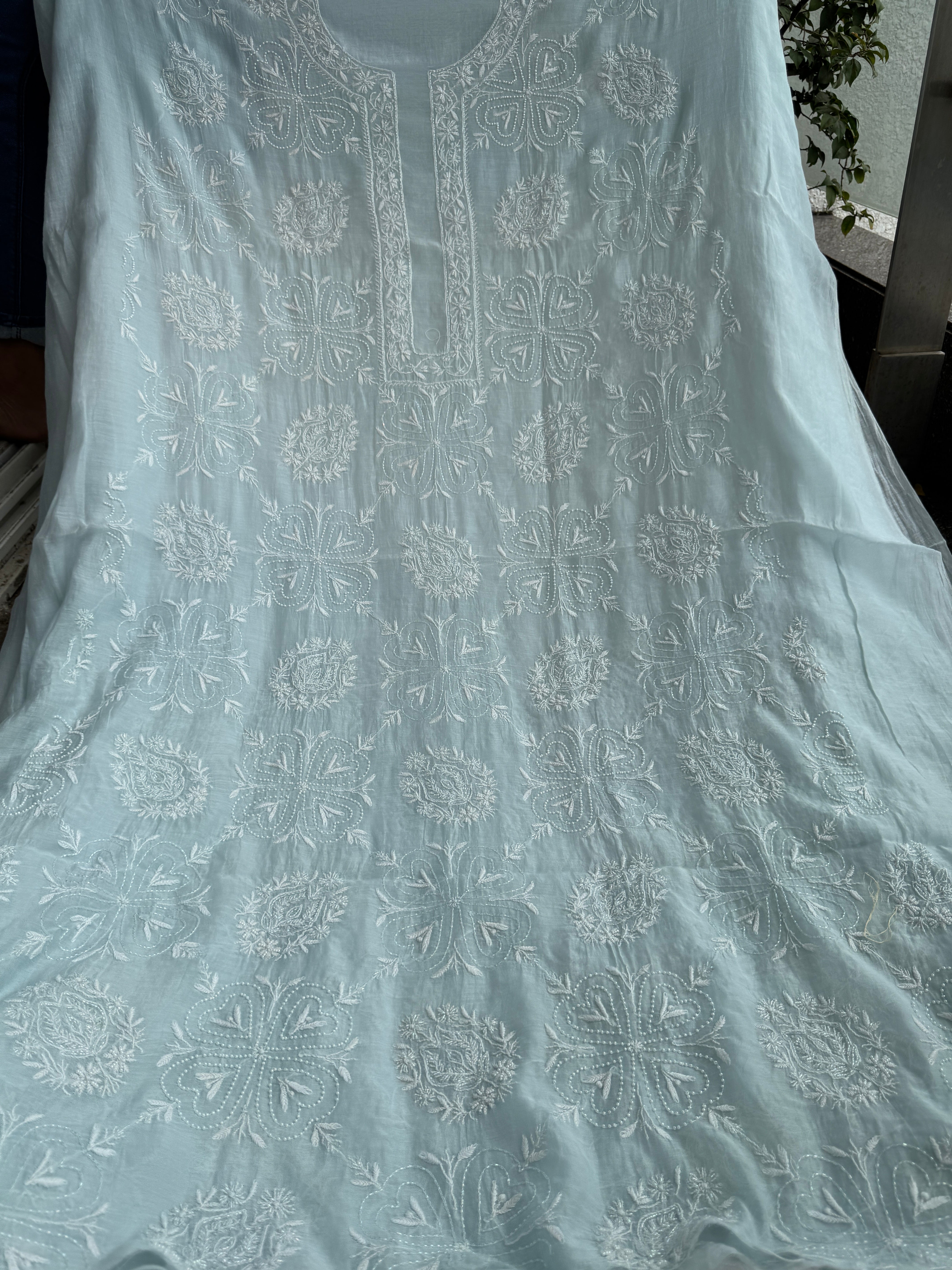 Mul Chanderi Chikankari - Heavy Unstitched Set - Baby Blue ARIAA CHIKANKARI 