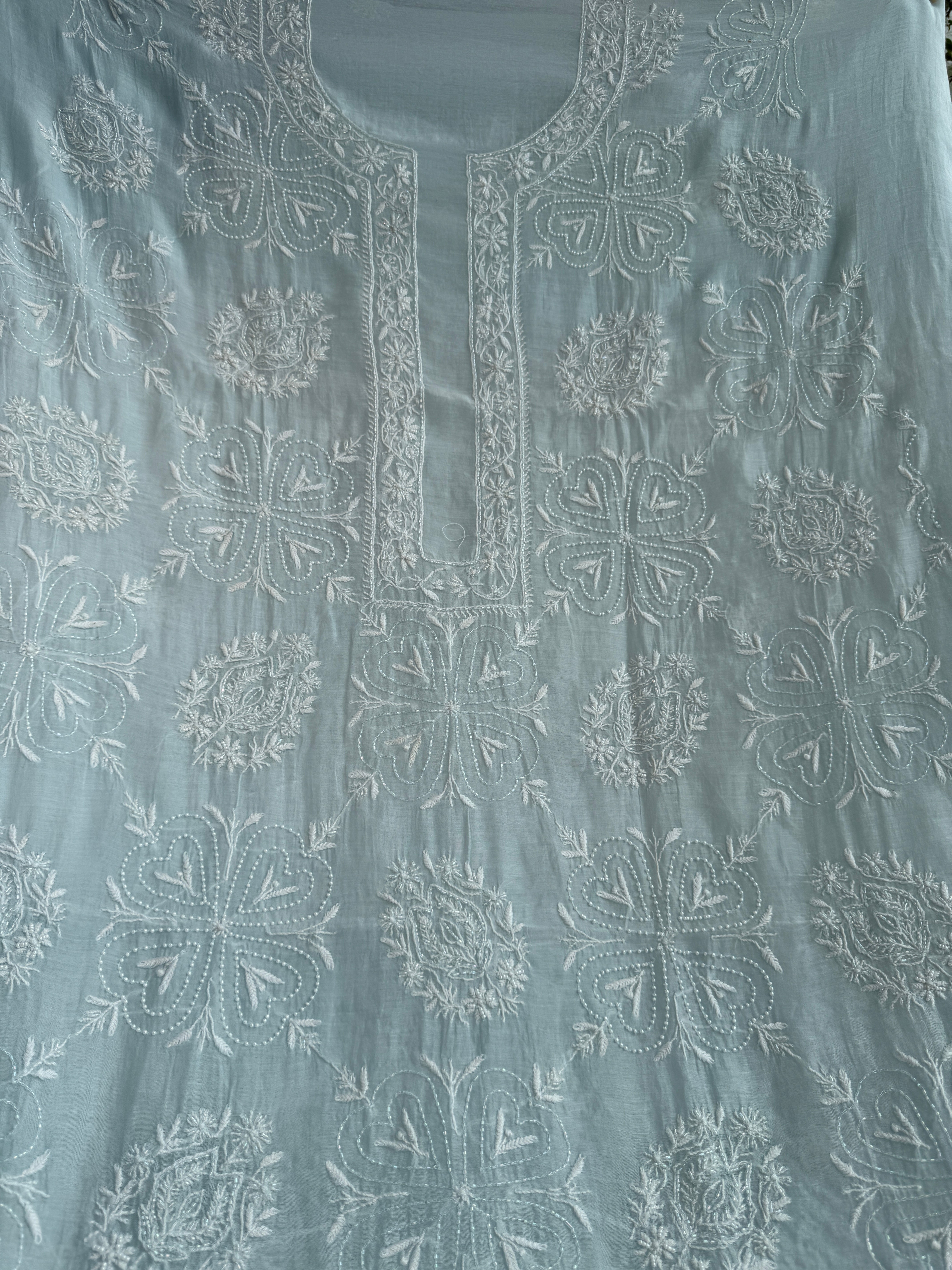 Mul Chanderi Chikankari - Heavy Unstitched Set - Baby Blue ARIAA CHIKANKARI 