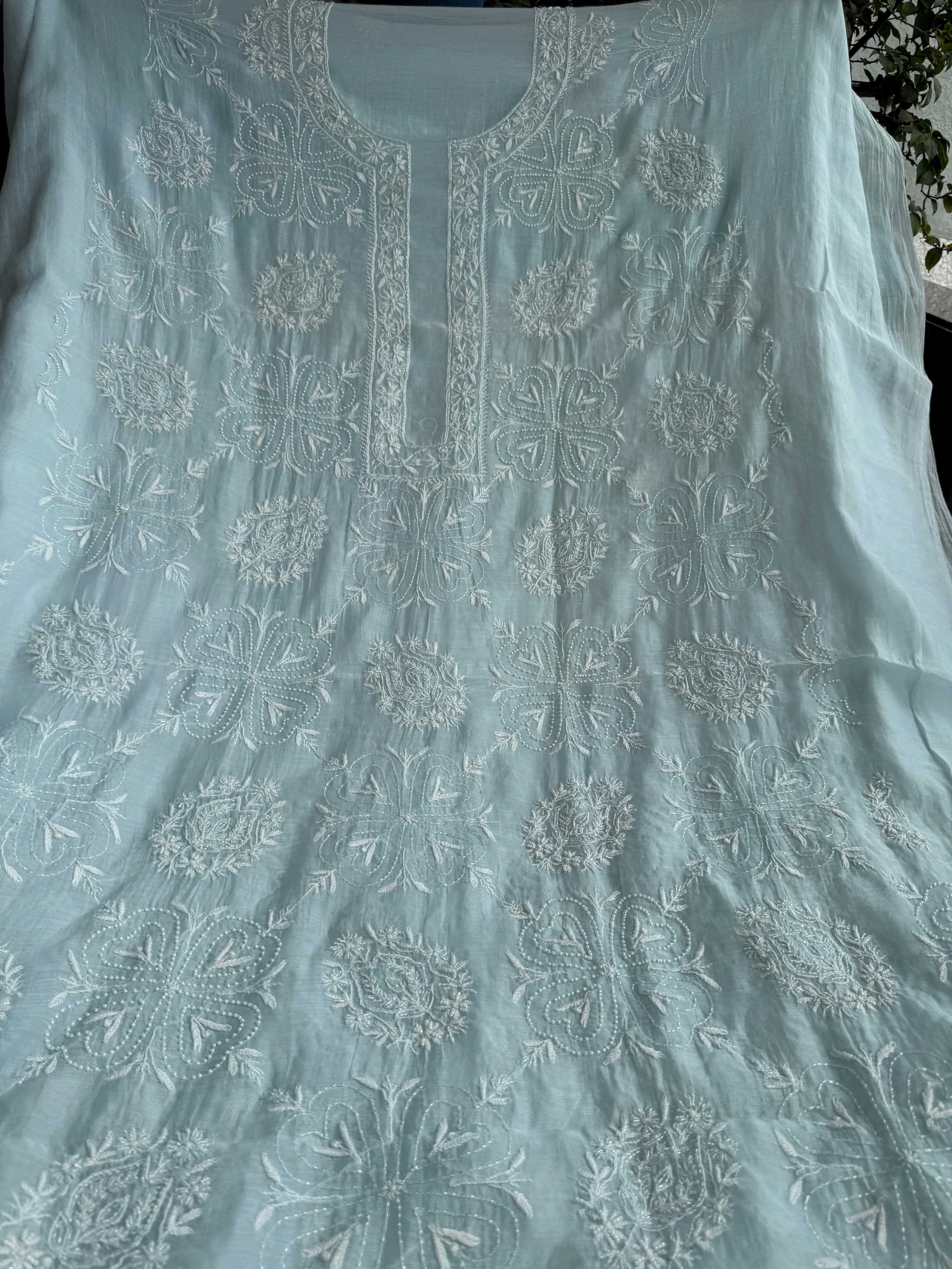 Mul Chanderi Chikankari - Heavy Unstitched Set - Baby Blue ARIAA CHIKANKARI 
