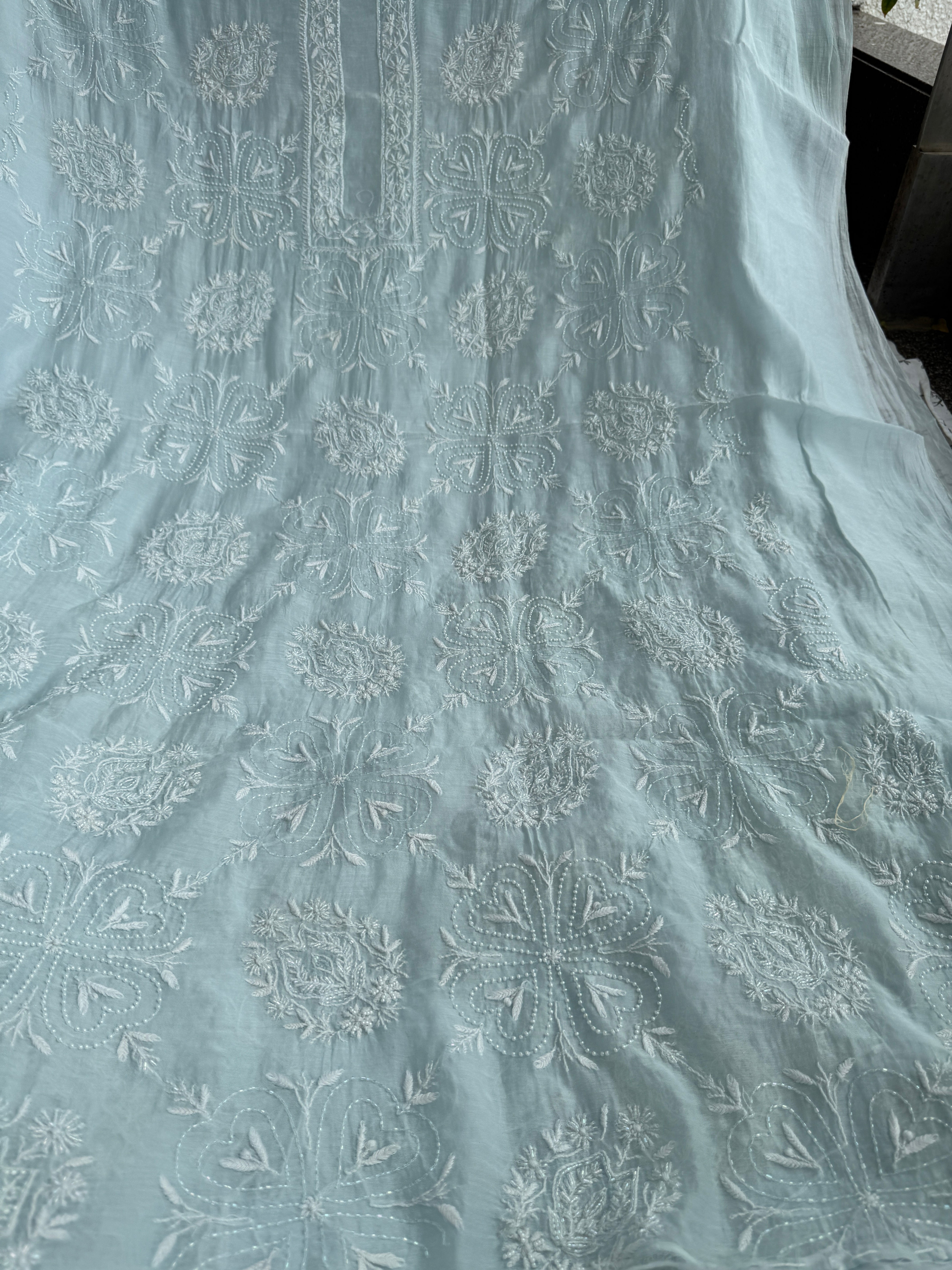 Mul Chanderi Chikankari - Heavy Unstitched Set - Baby Blue ARIAA CHIKANKARI 