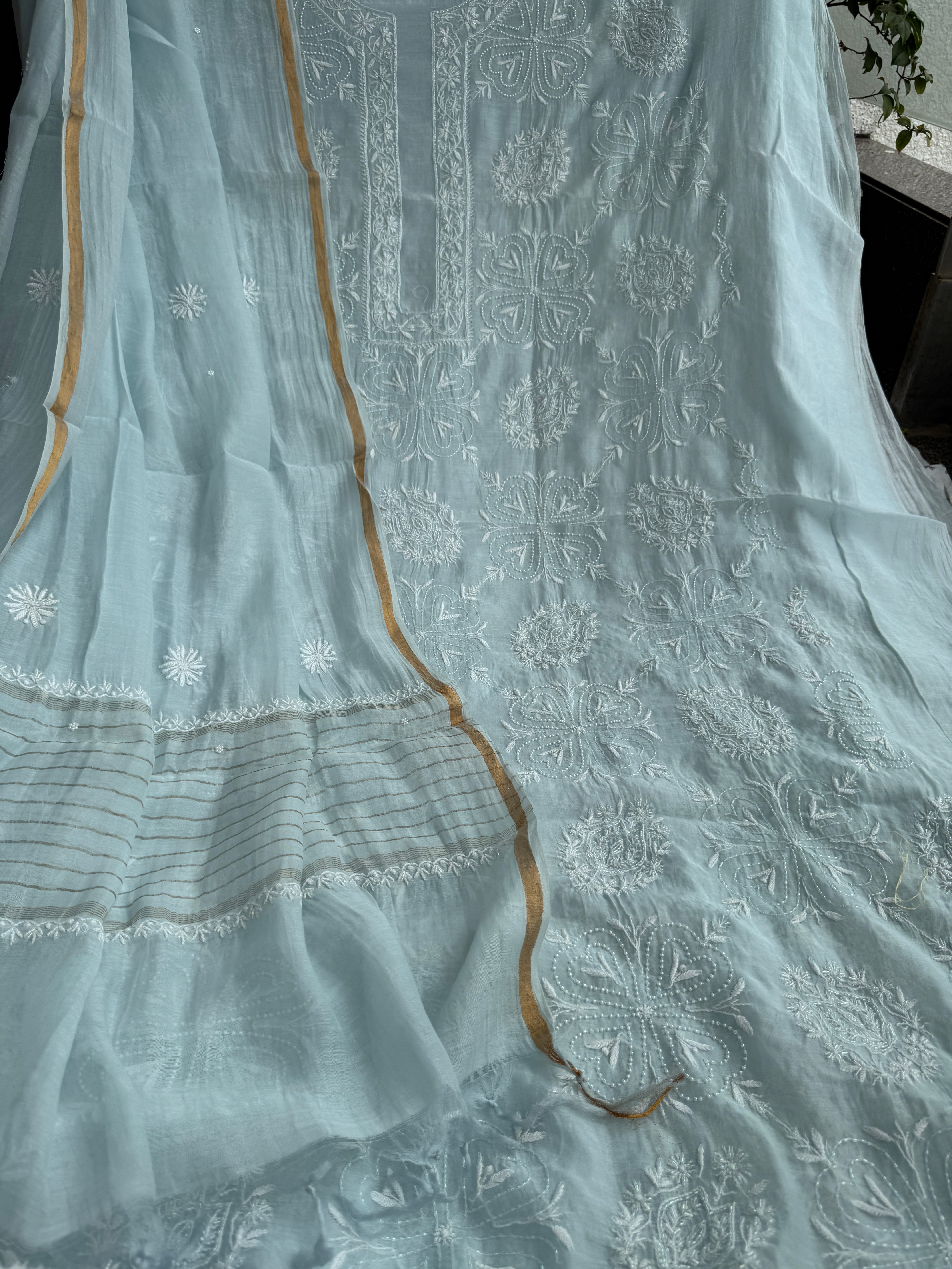 Mul Chanderi Chikankari - Heavy Unstitched Set - Baby Blue ARIAA CHIKANKARI 