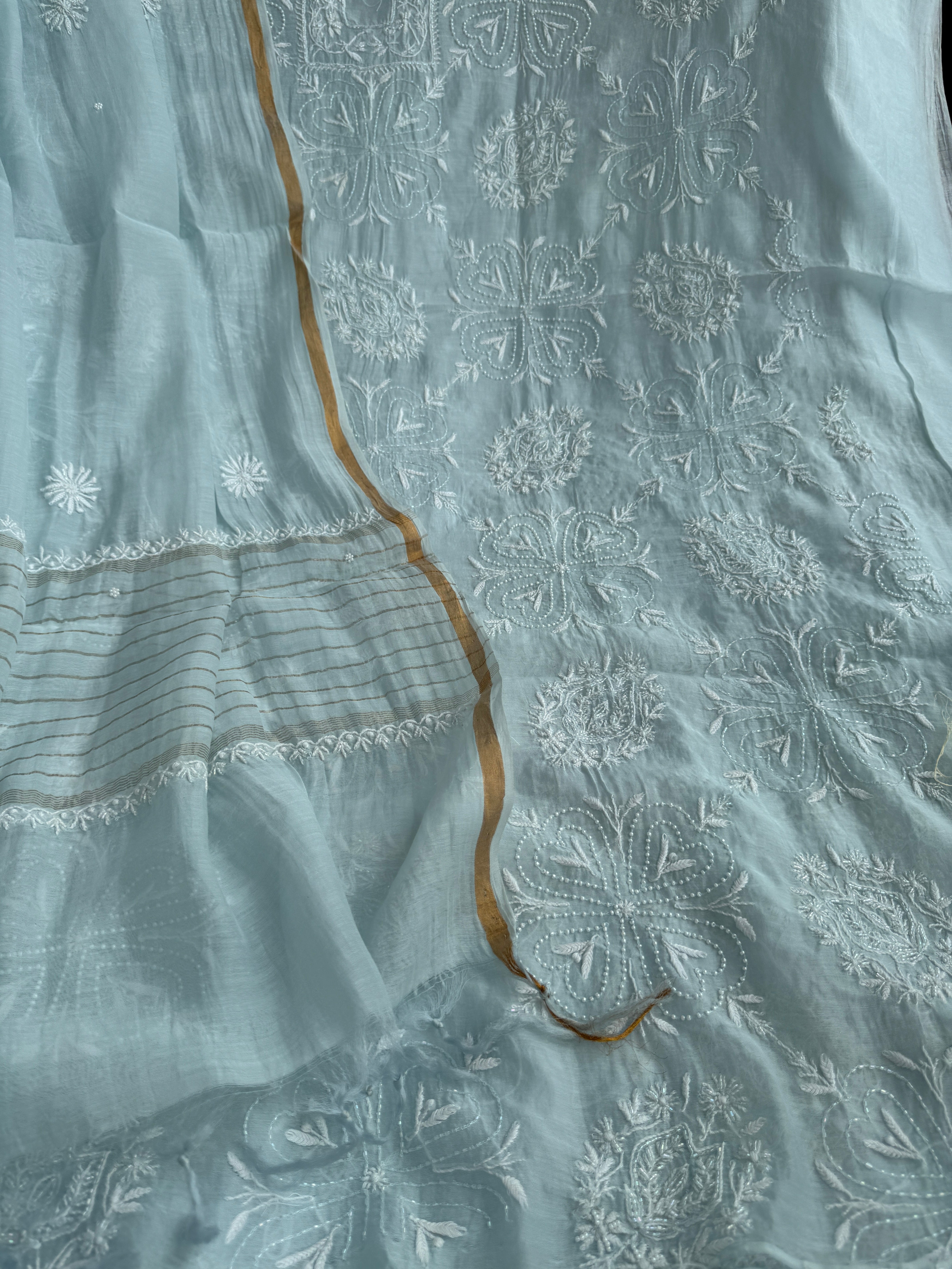 Mul Chanderi Chikankari - Heavy Unstitched Set - Baby Blue ARIAA CHIKANKARI 