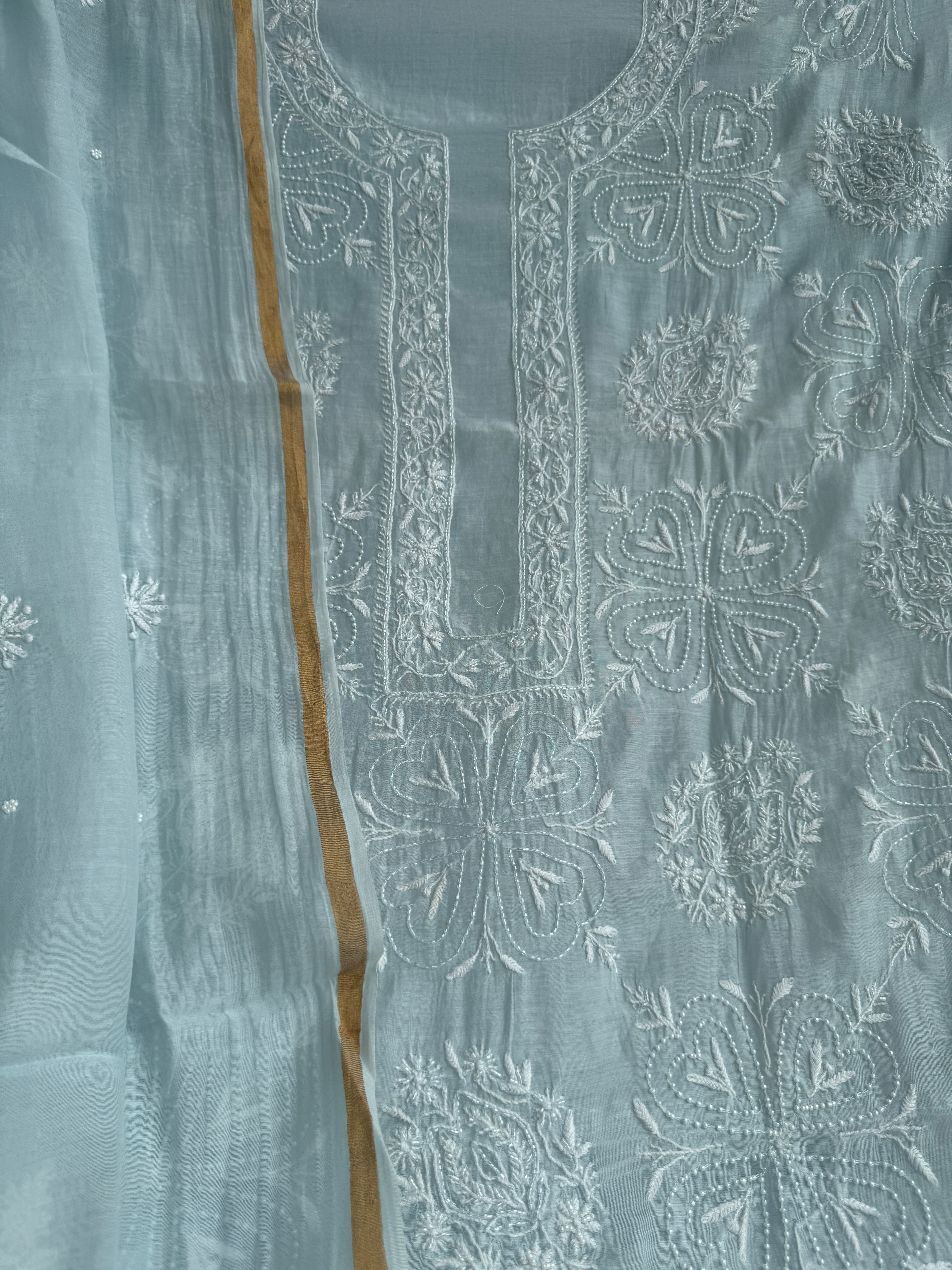 Mul Chanderi Chikankari - Heavy Unstitched Set - Baby Blue ARIAA CHIKANKARI 