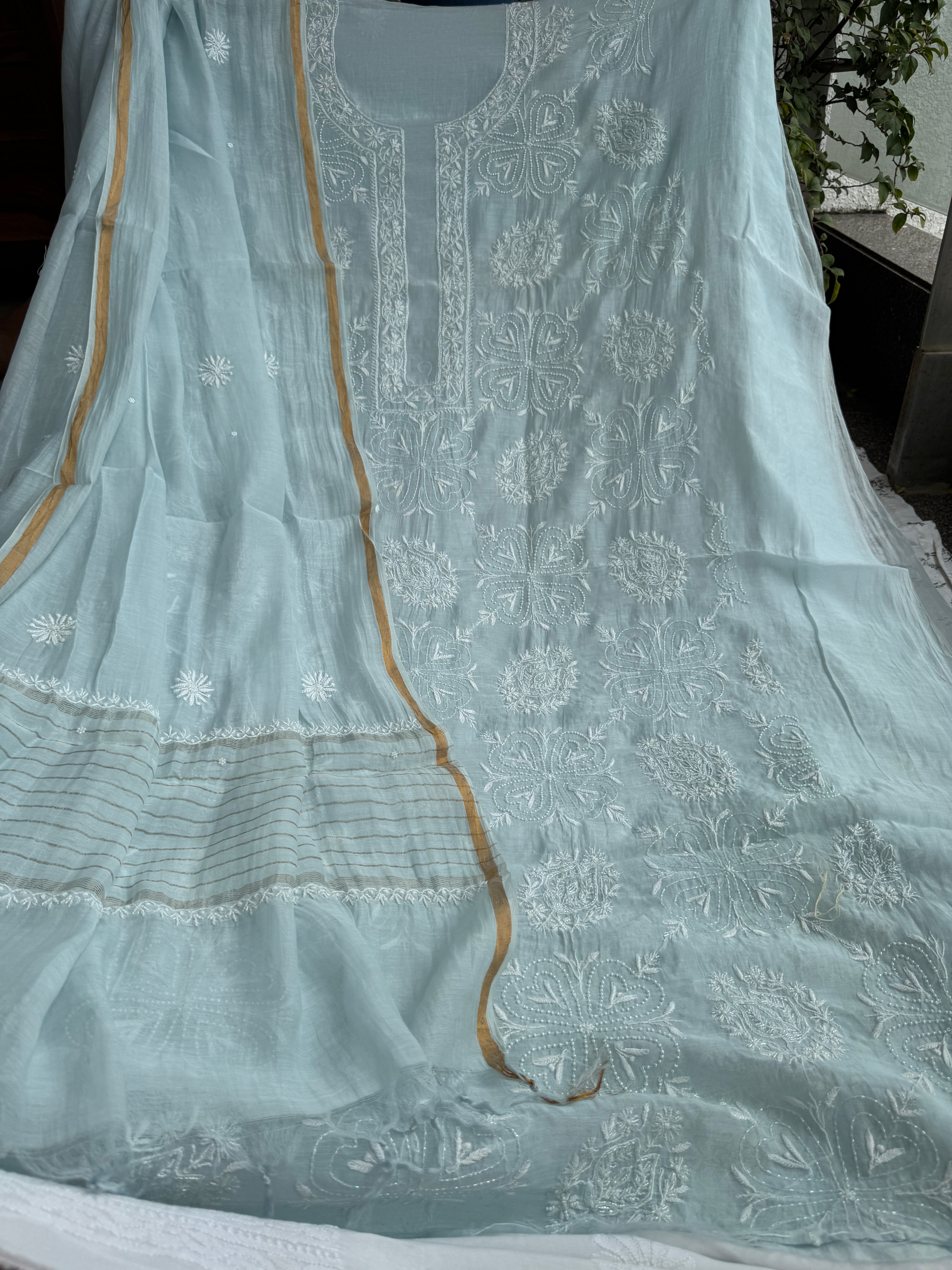 Mul Chanderi Chikankari - Heavy Unstitched Set - Baby Blue ARIAA CHIKANKARI 