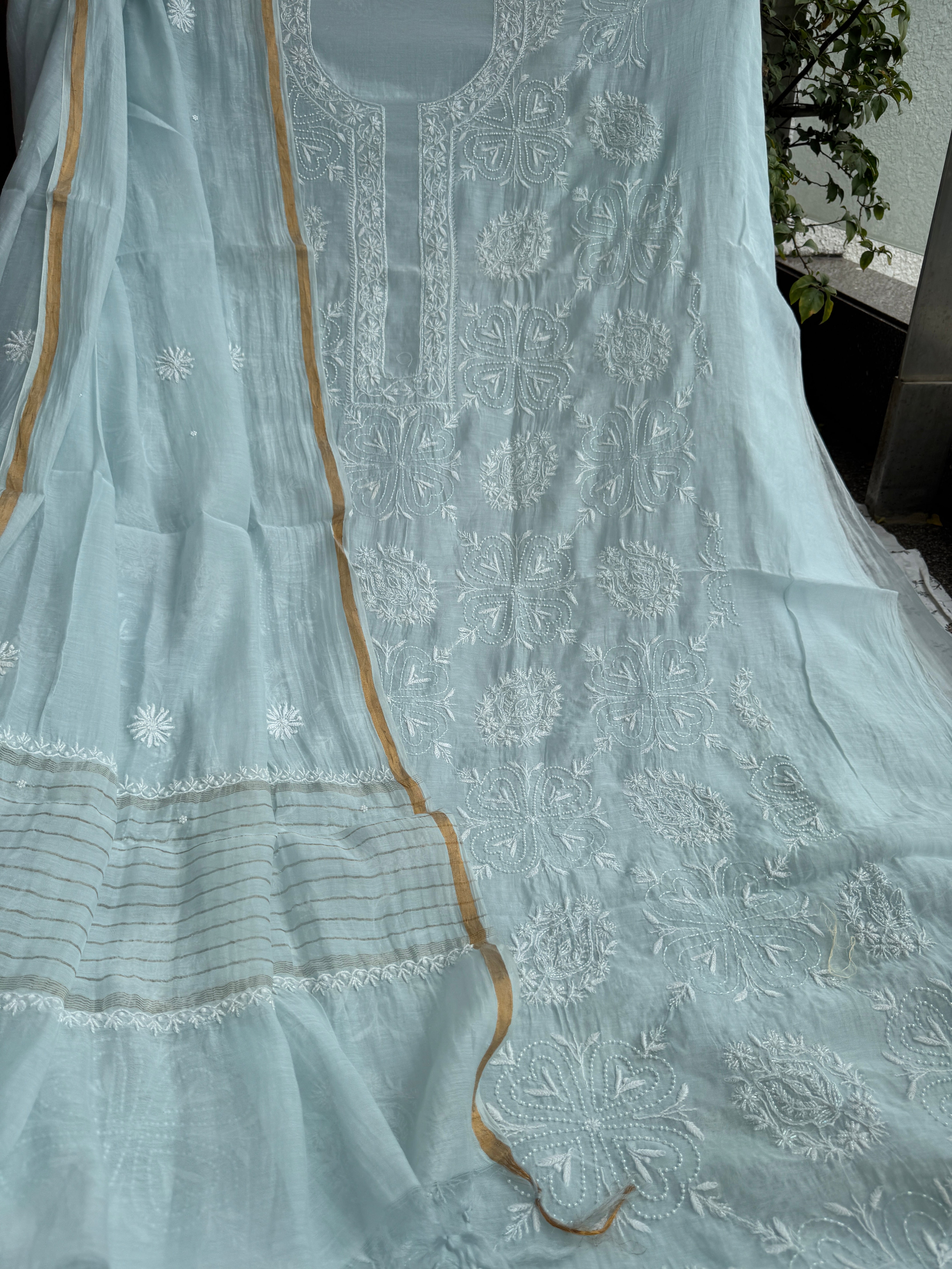 Mul Chanderi Chikankari - Heavy Unstitched Set - Baby Blue ARIAA CHIKANKARI 