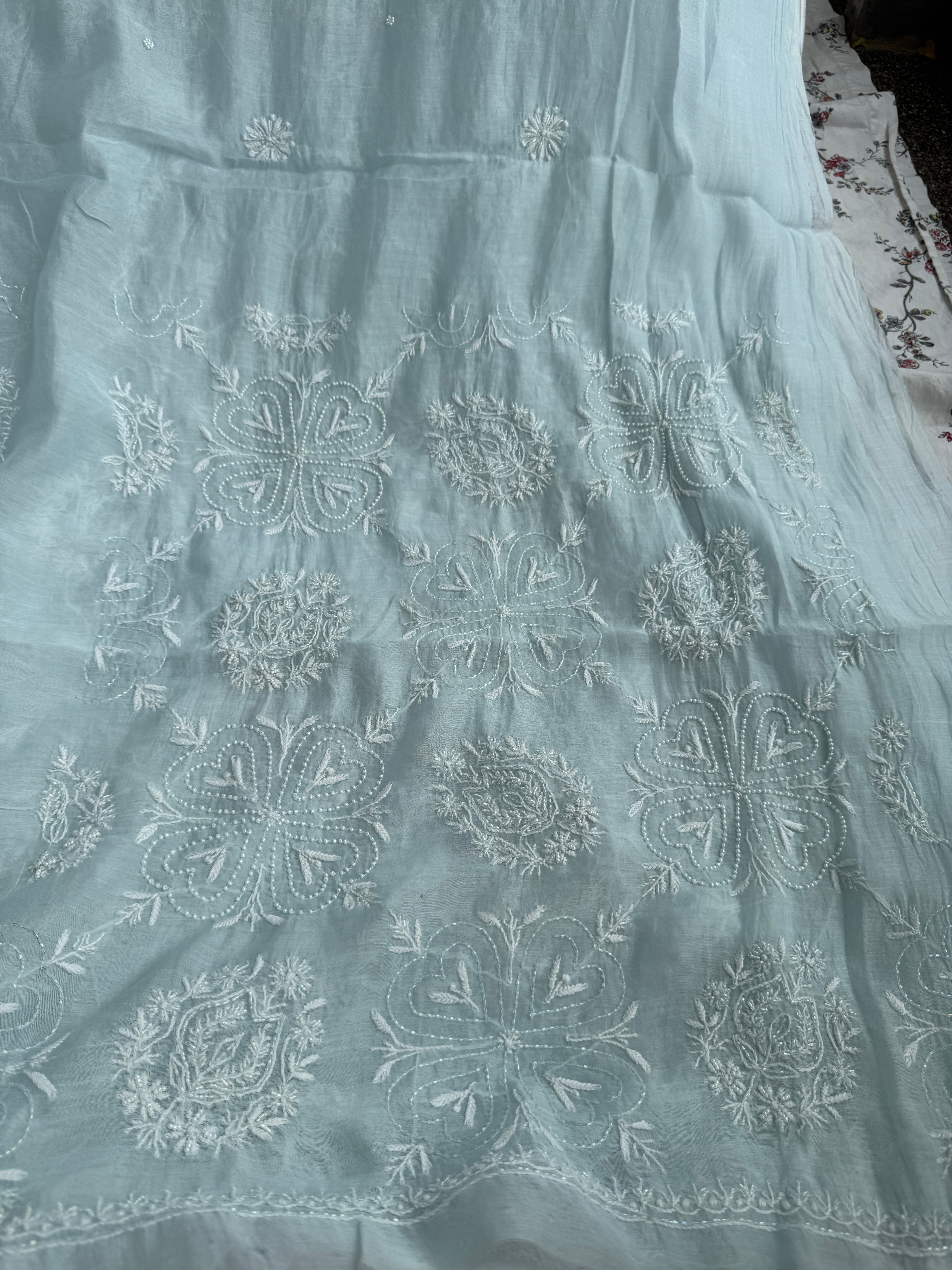 Mul Chanderi Chikankari - Heavy Unstitched Set - Baby Blue ARIAA CHIKANKARI 