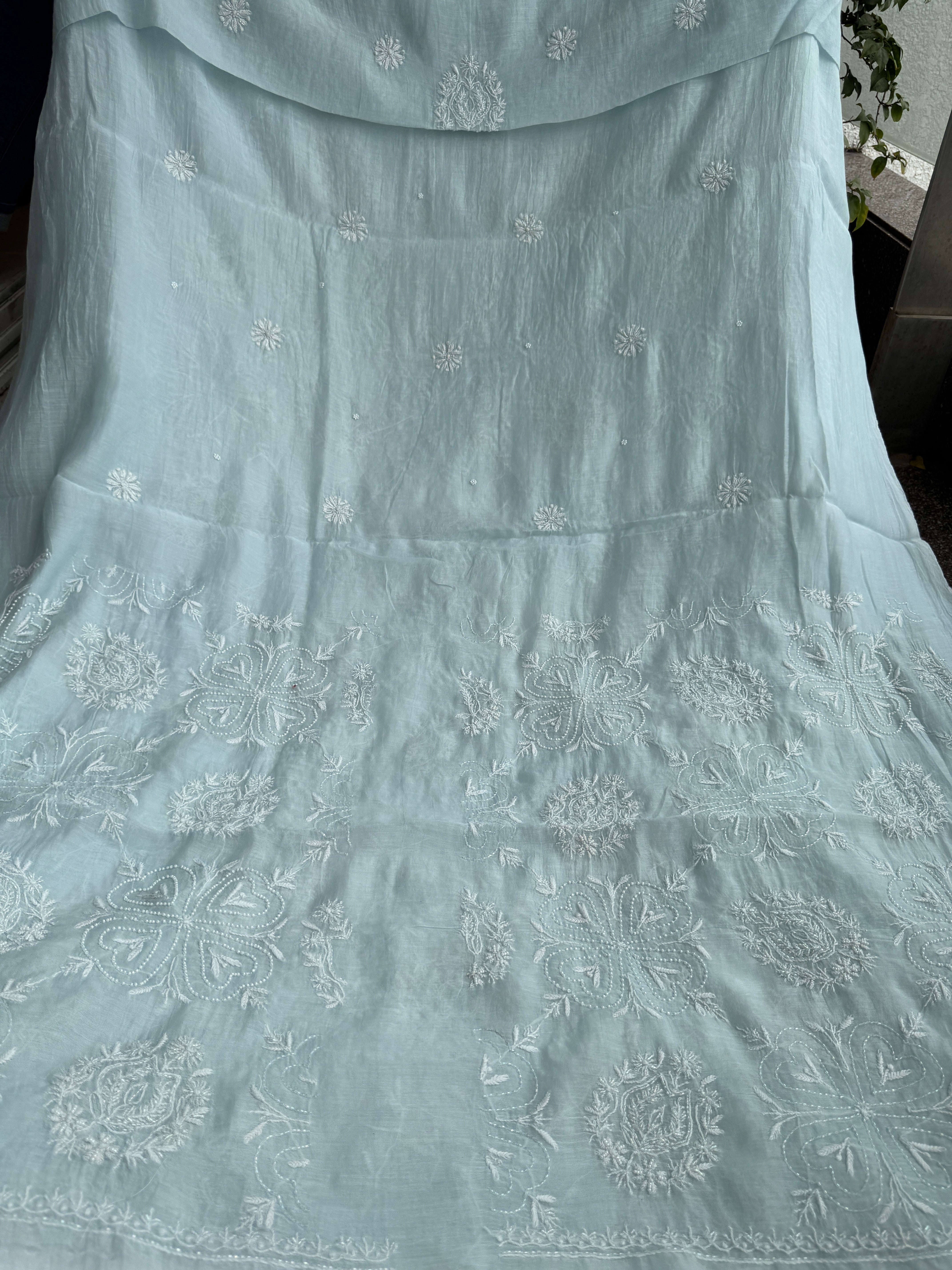 Mul Chanderi Chikankari - Heavy Unstitched Set - Baby Blue ARIAA CHIKANKARI 