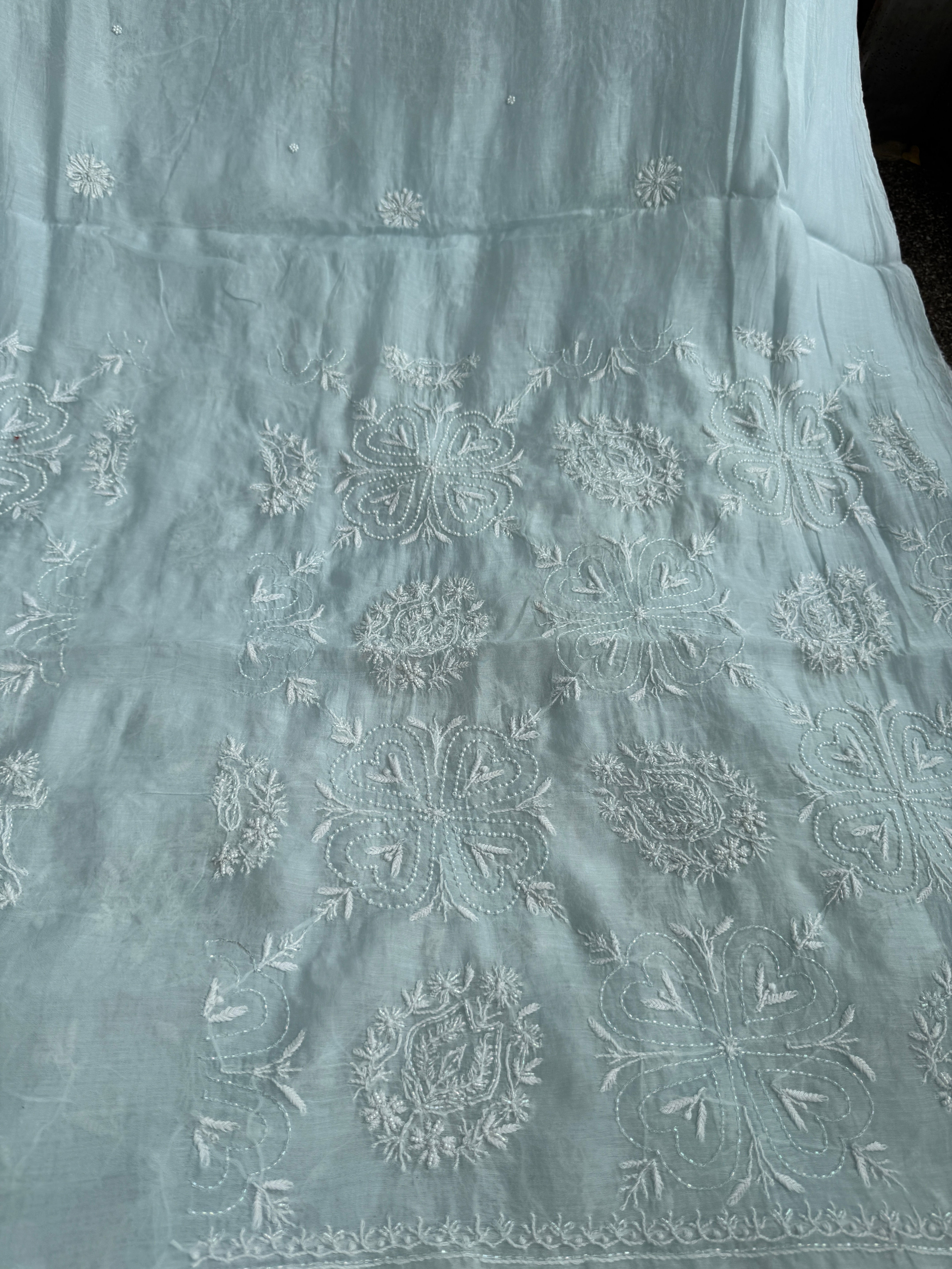 Mul Chanderi Chikankari - Heavy Unstitched Set - Baby Blue ARIAA CHIKANKARI 