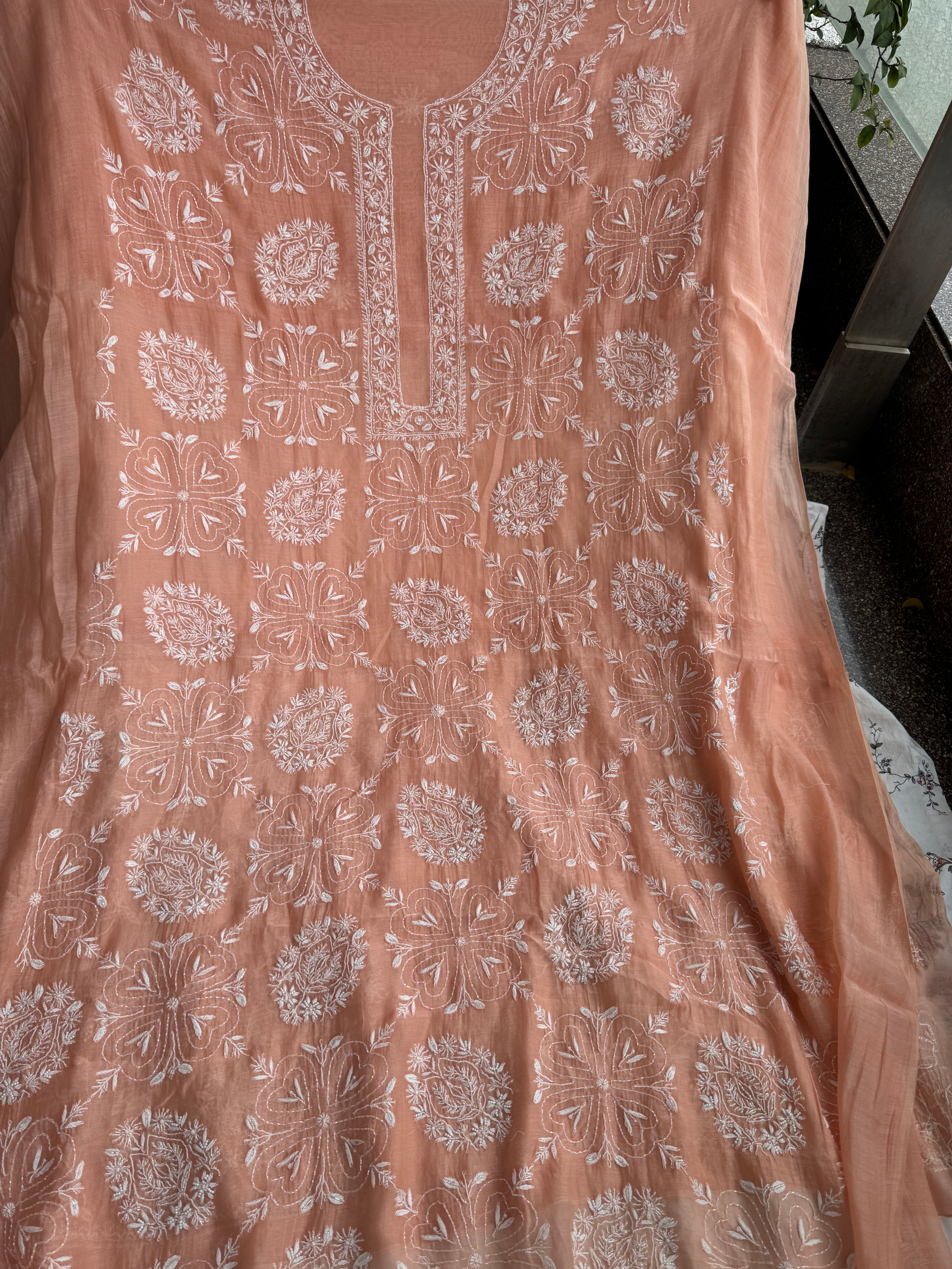 Mul Chanderi Chikankari - Heavy Unstitched Set - Peach ARIAA CHIKANKARI 