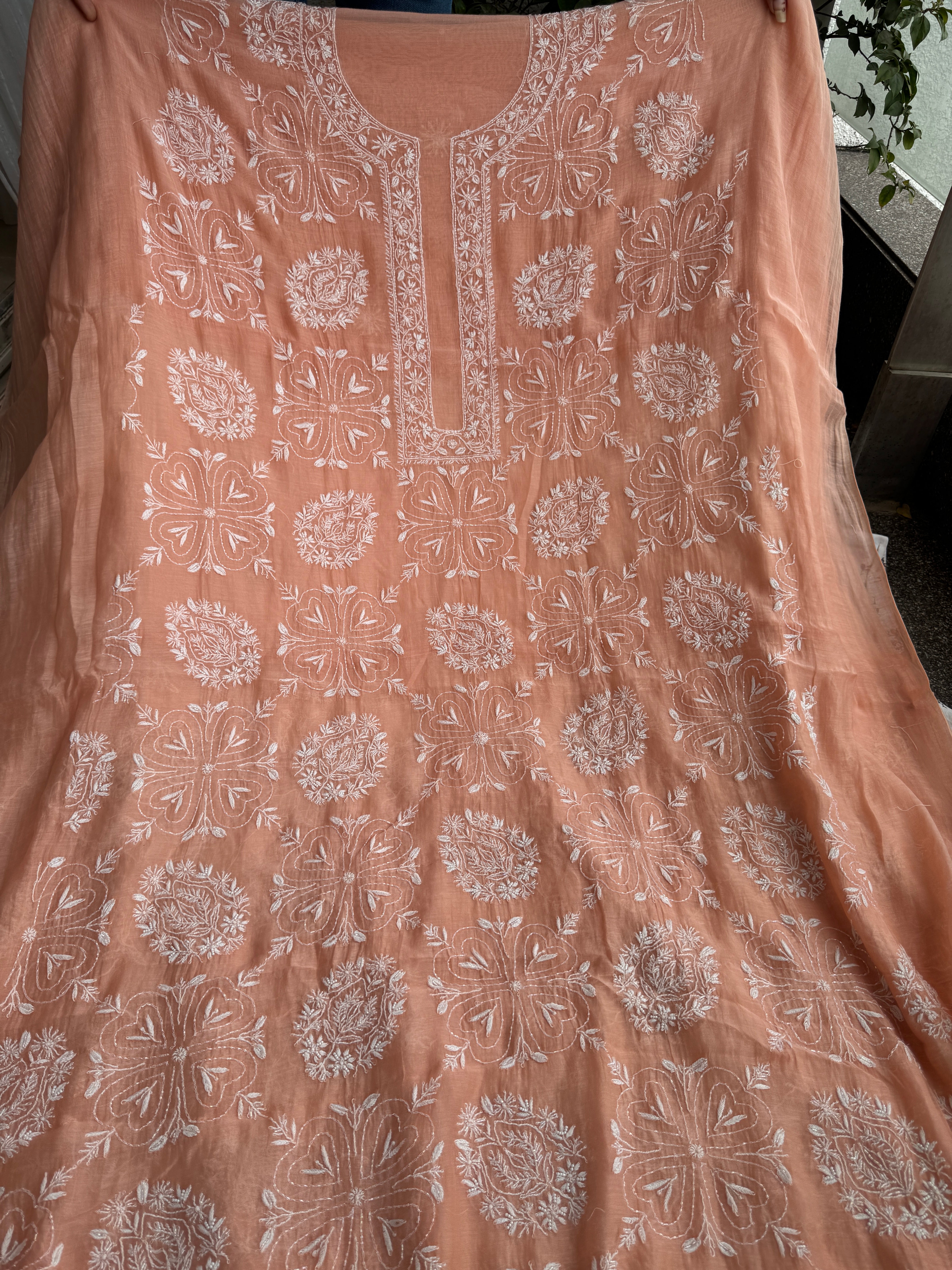 Mul Chanderi Chikankari - Heavy Unstitched Set - Peach ARIAA CHIKANKARI 