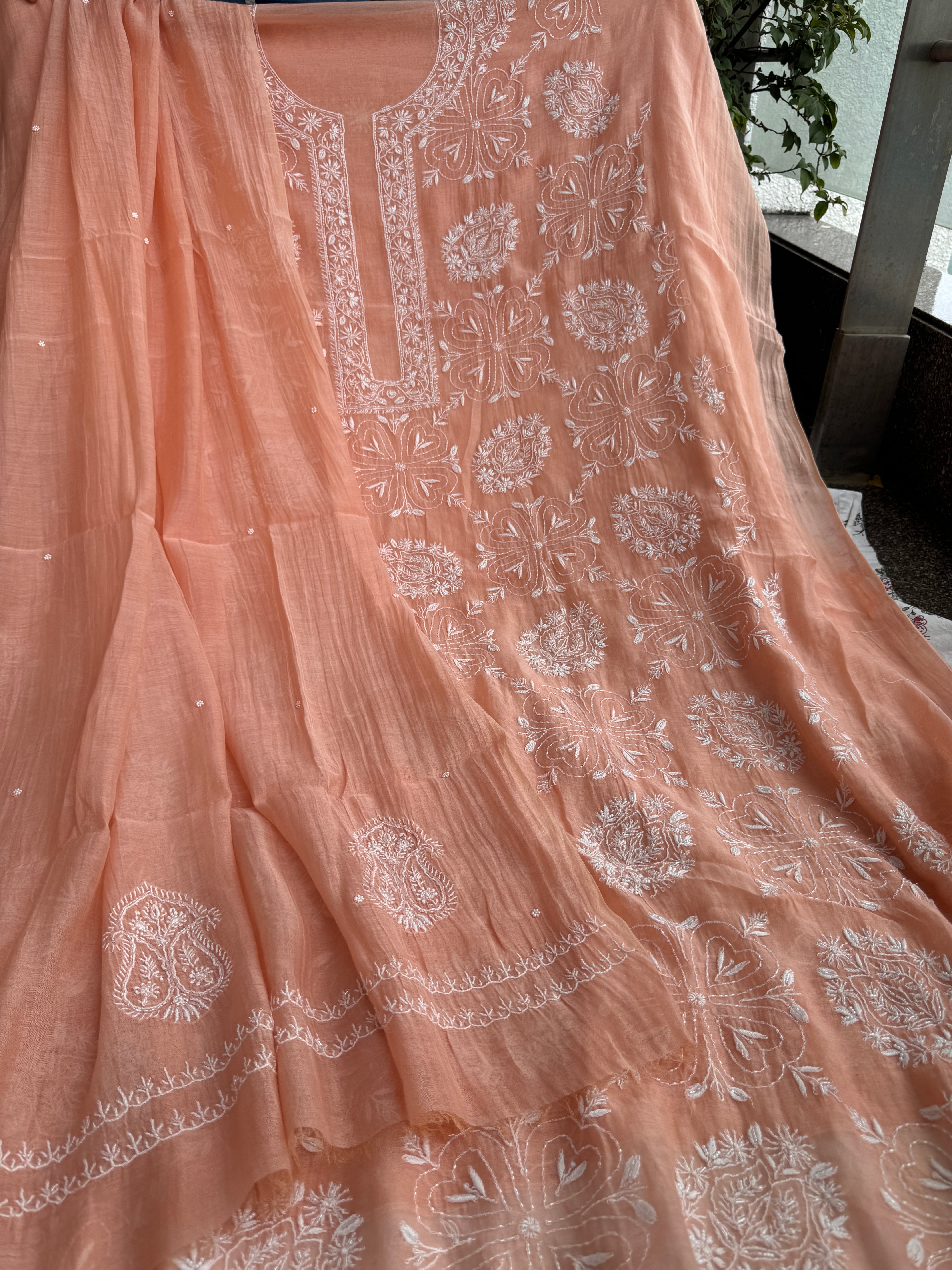 Mul Chanderi Chikankari - Heavy Unstitched Set - Peach ARIAA CHIKANKARI 