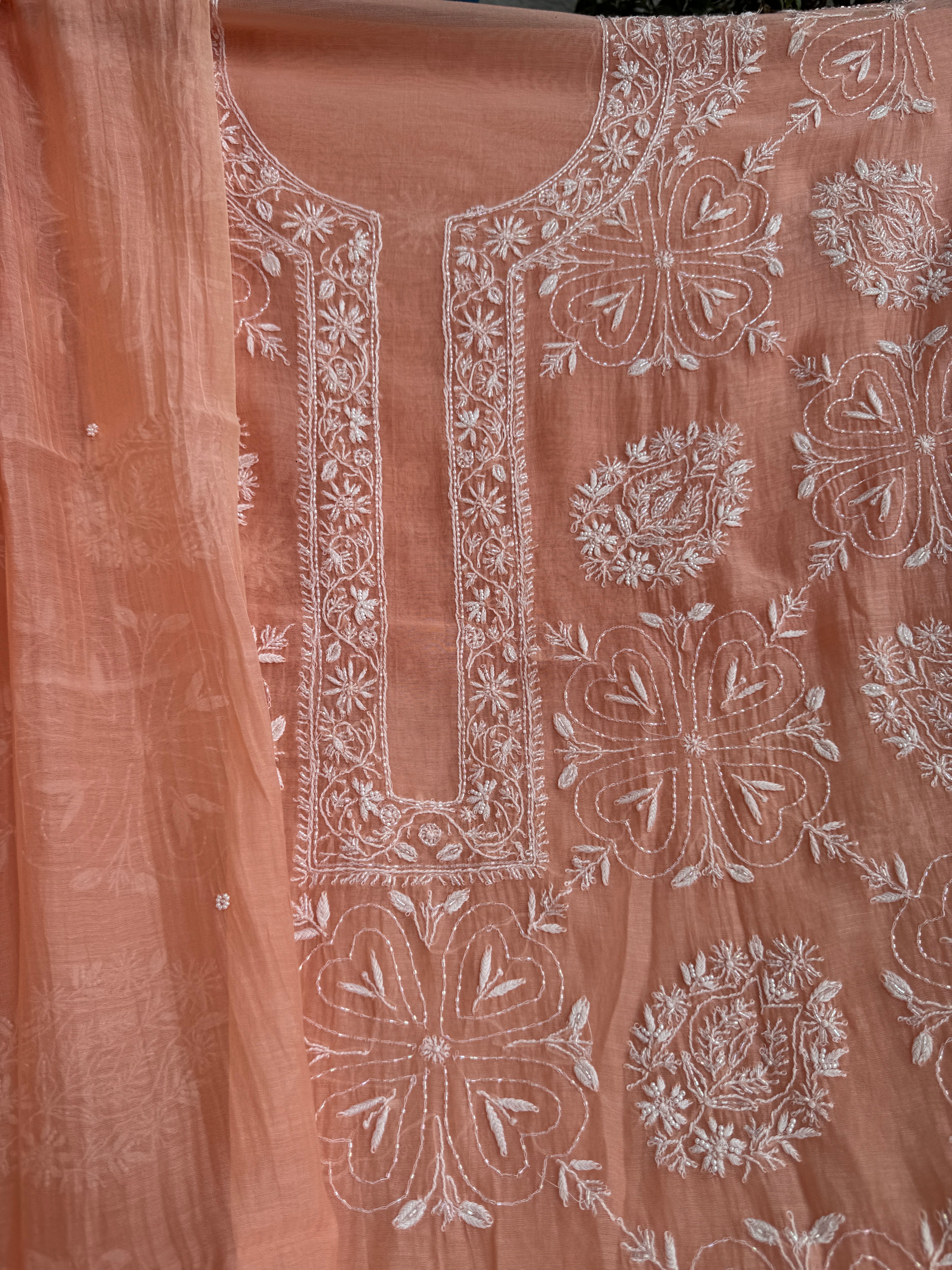 Mul Chanderi Chikankari - Heavy Unstitched Set - Peach ARIAA CHIKANKARI 