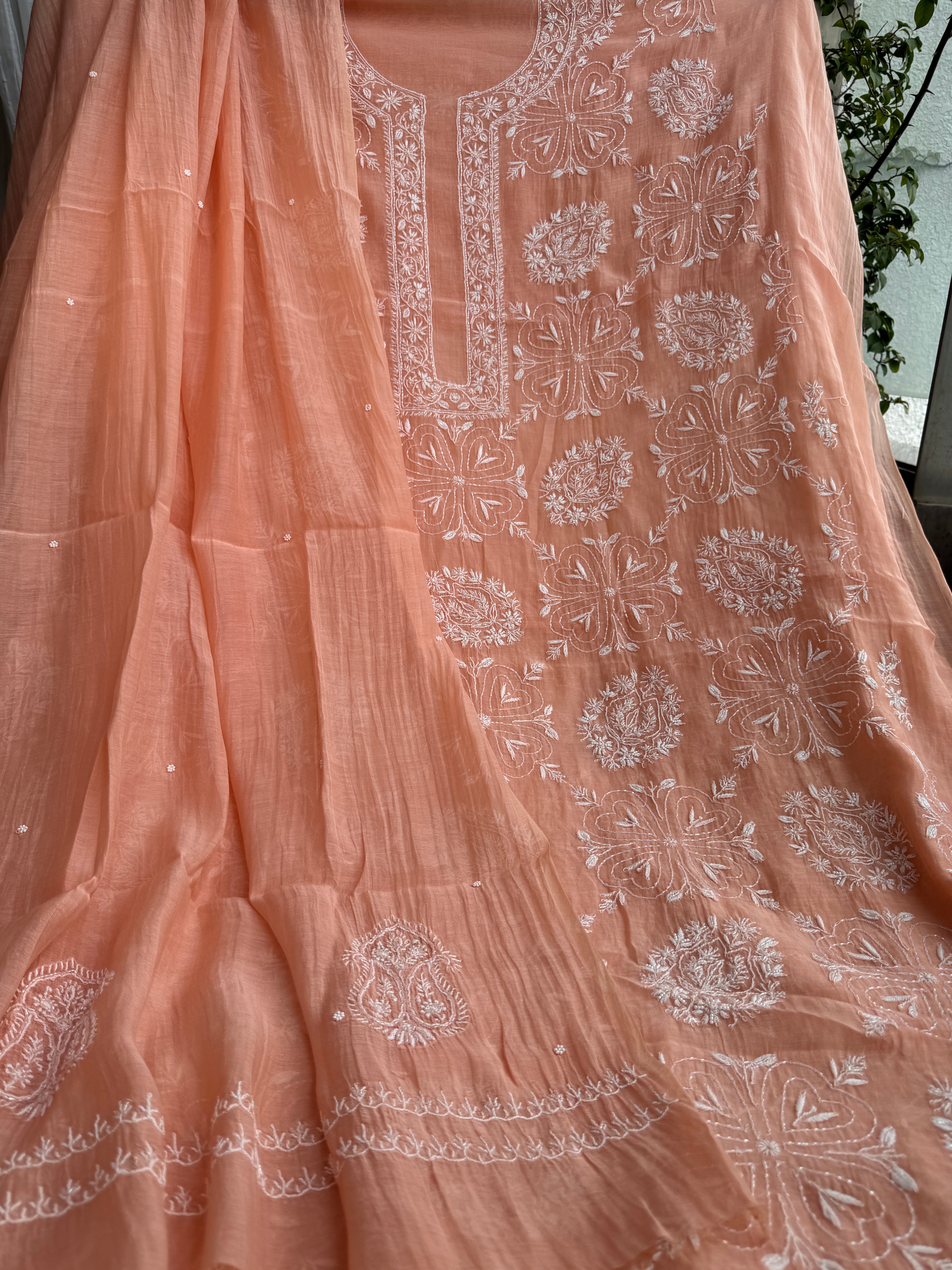 Mul Chanderi Chikankari - Heavy Unstitched Set - Peach ARIAA CHIKANKARI 