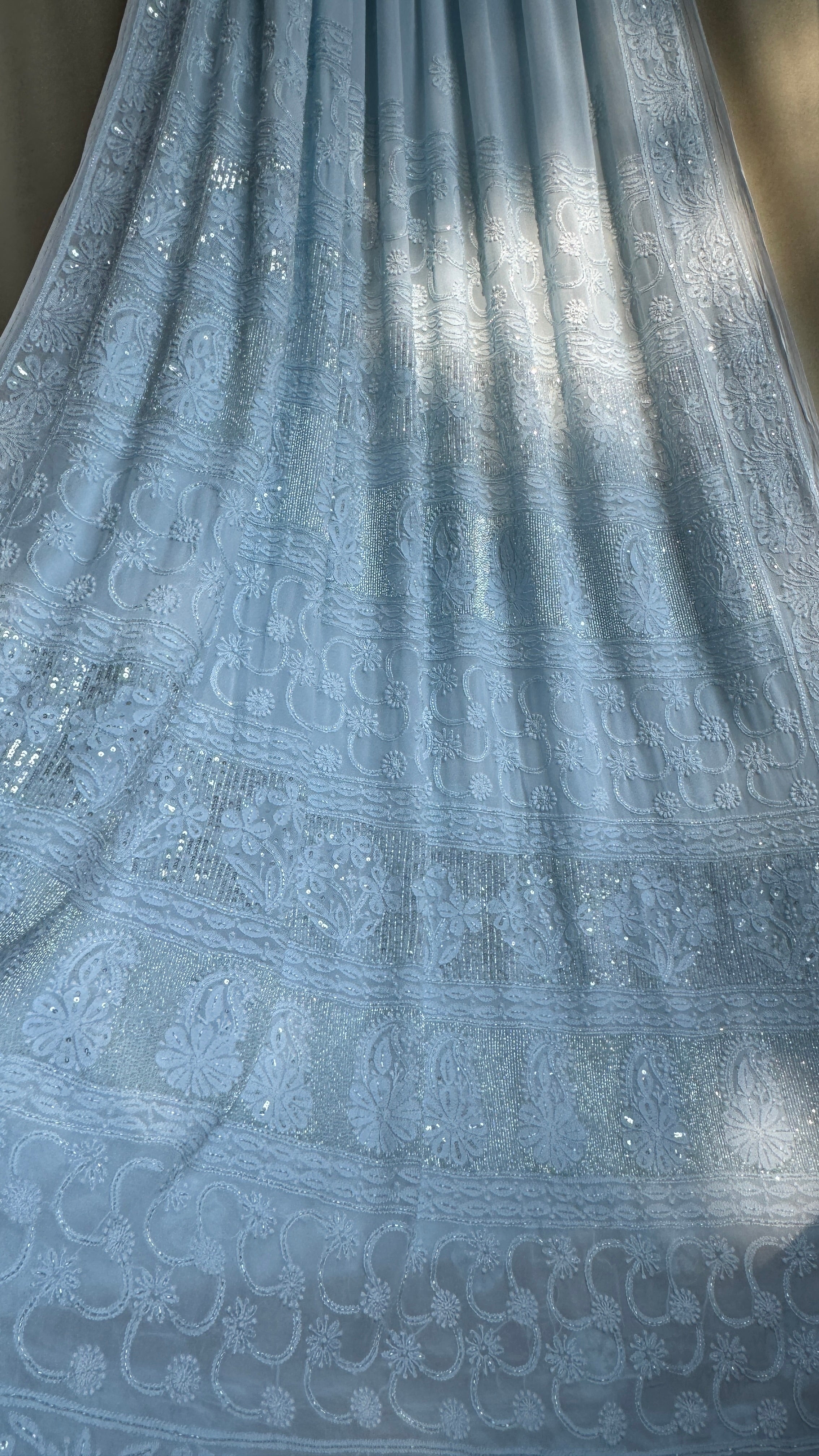 Viscose Blue Chikankari saree with Pearl embellishments